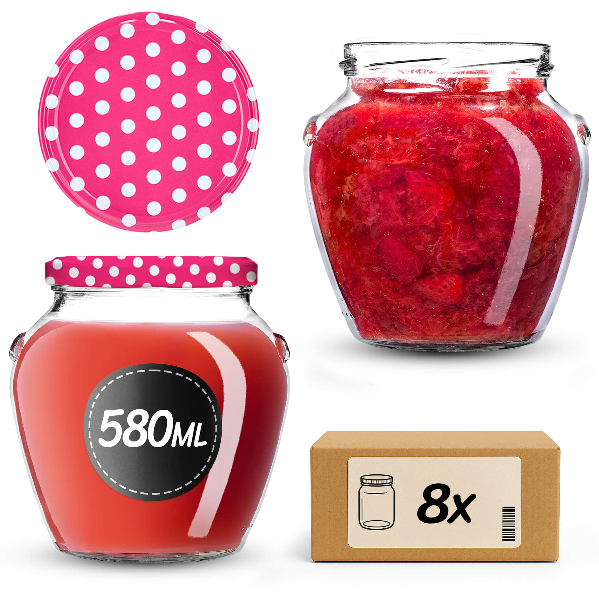 Słoiki na przetwory Sassa 580ml 8szt 82mm + wieczka "Różowy groszek"