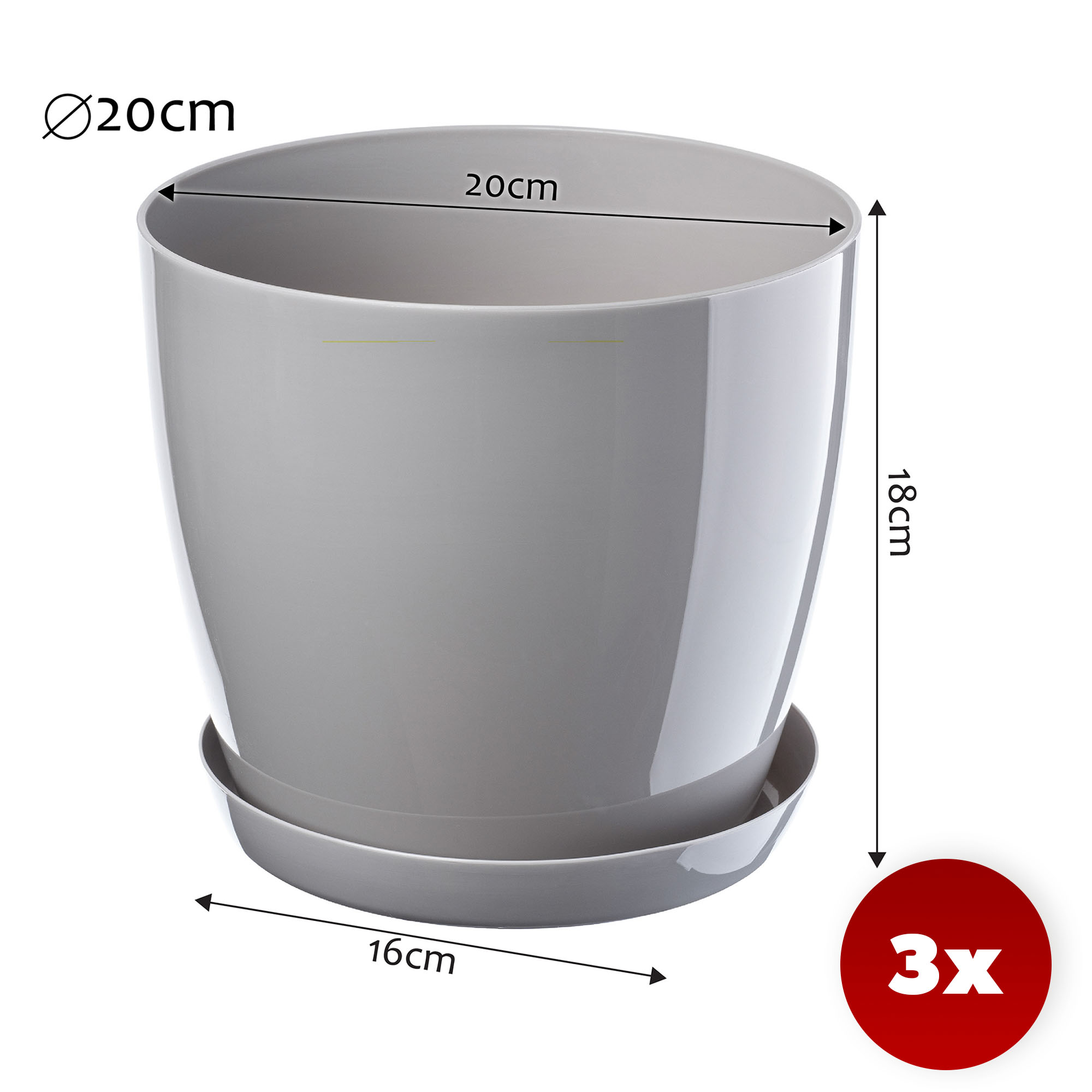 Doniczka Agen z podstawką szara 20 cm, 3 szt.