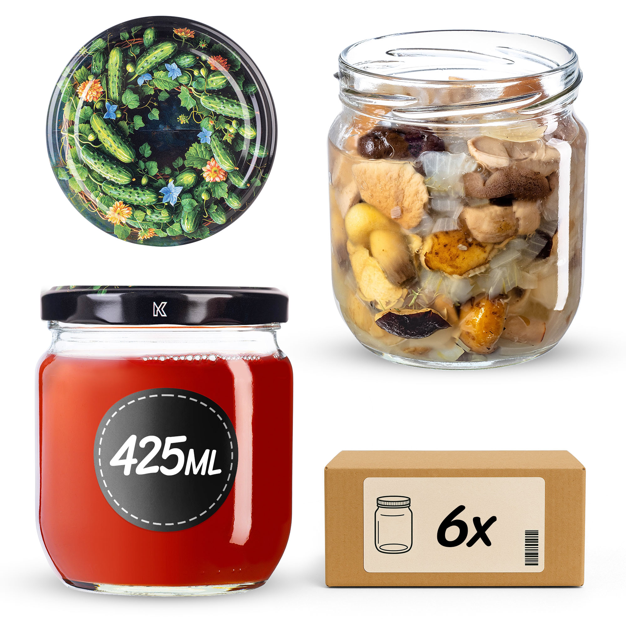 Słoiki na przetwory Salla 425ml fi82mm 6szt + wieczko Ogórki czarne