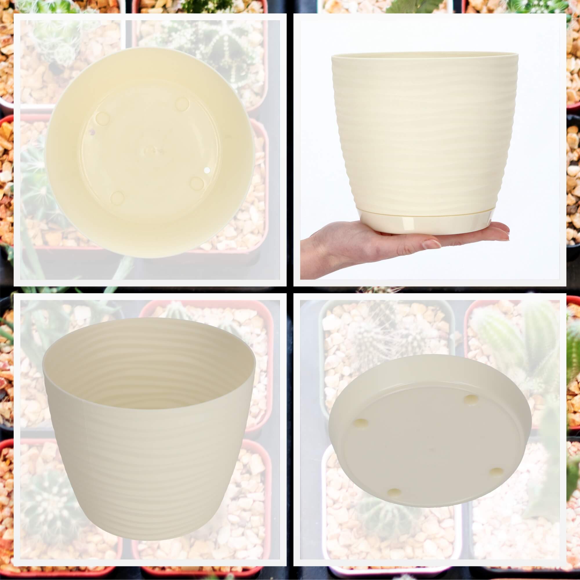 Doniczka na kwiaty okrągła z podstawką 17 cm, kremowa