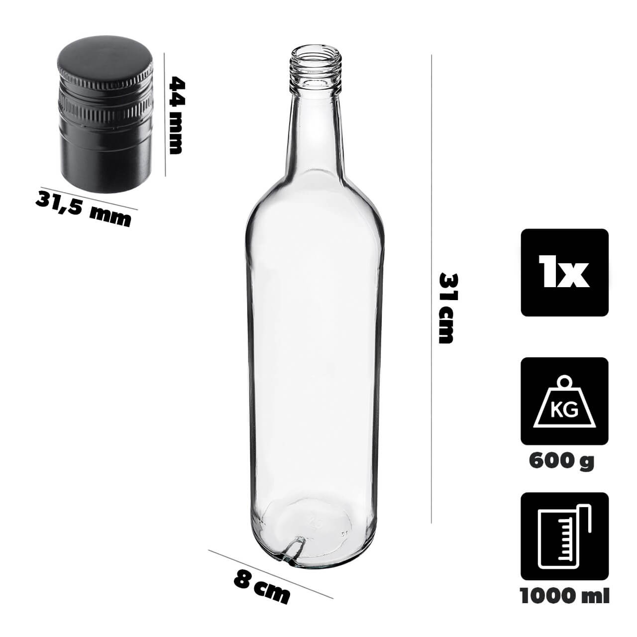 Szklana butelka Monopol 1000ml z długą czarną zakrętką 1 szt.