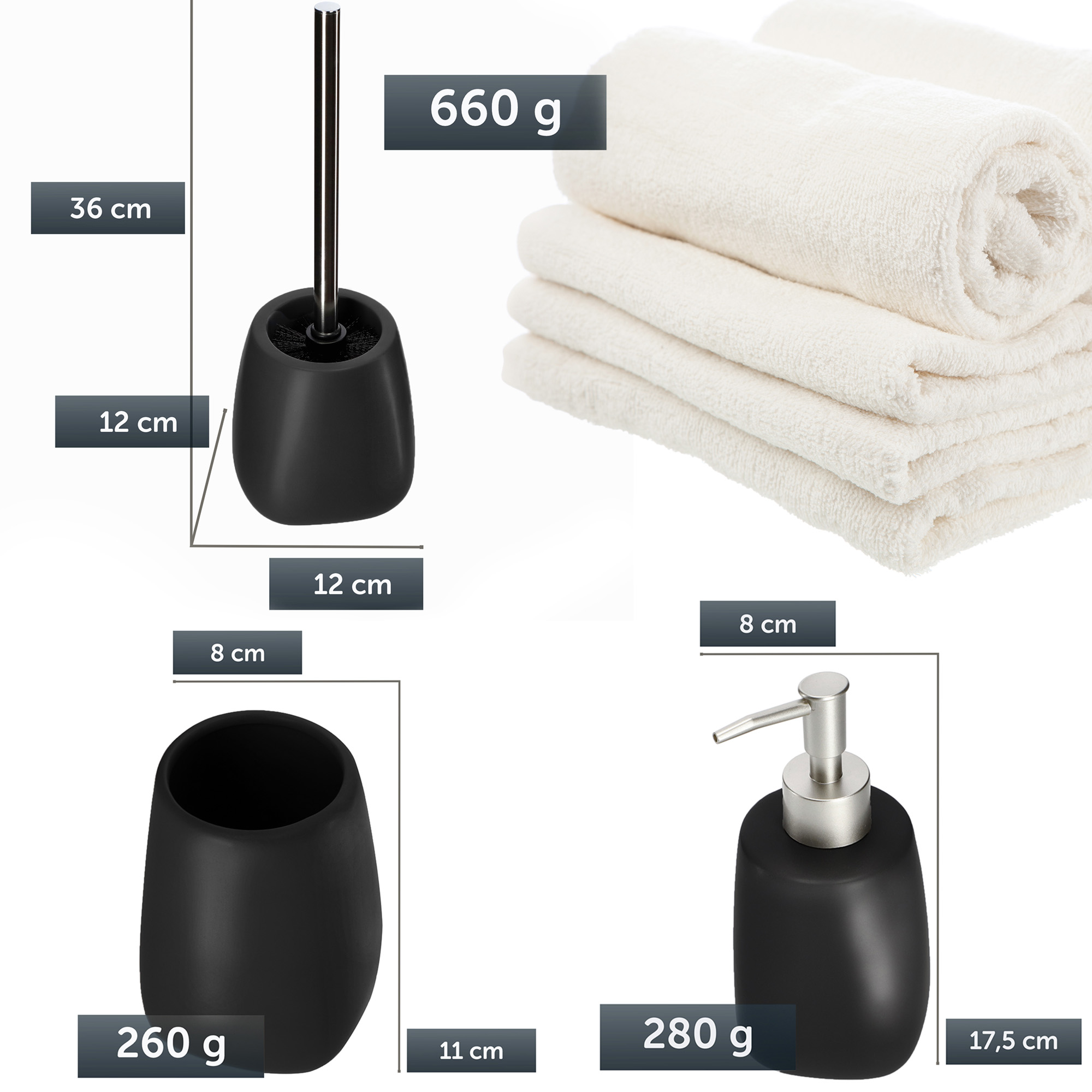 Zestaw łazienkowy szczotka WC + kubek + dozownik, czarny