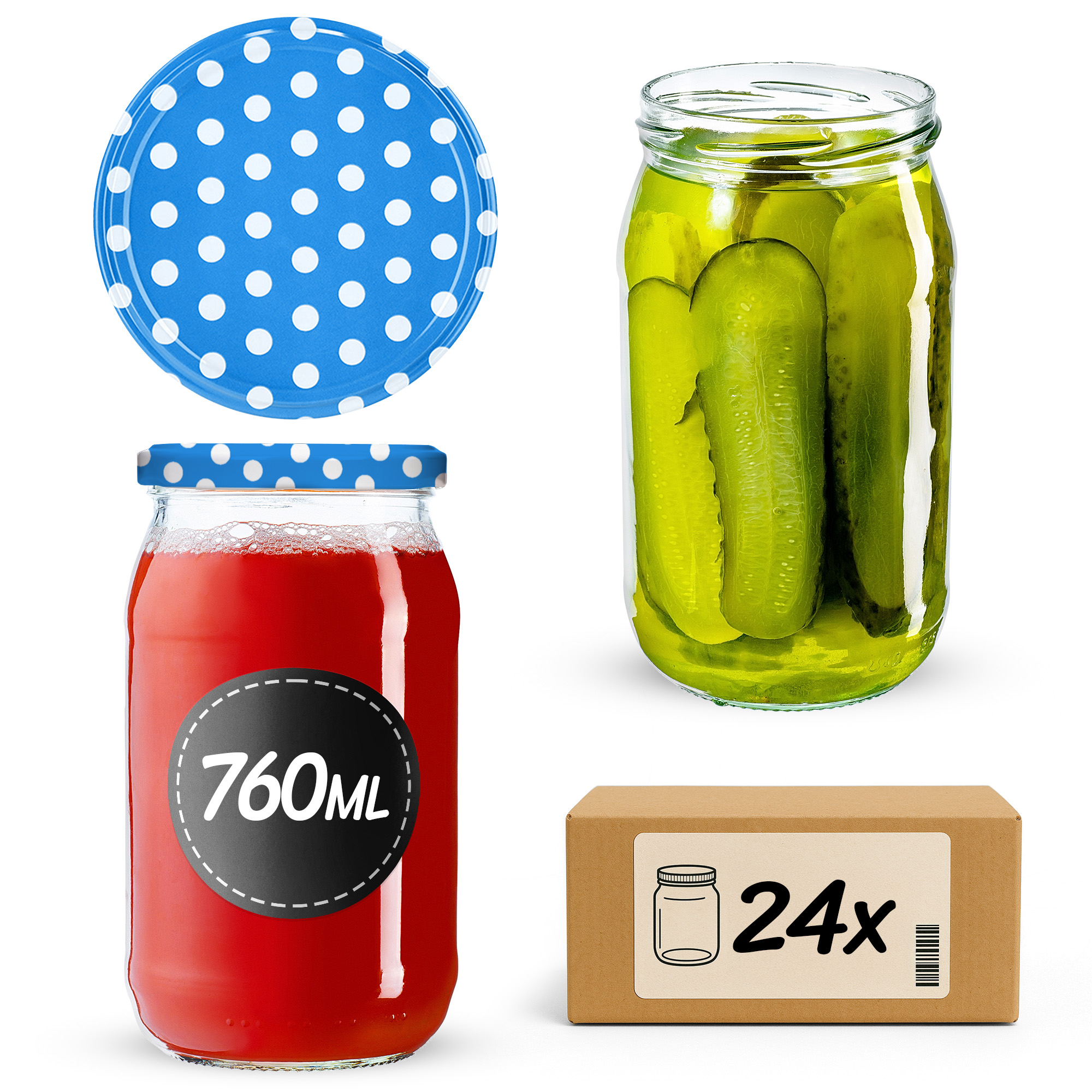 Słoiki na przetwory Niva 760ml fi82mm 24szt + wieczko Groszek niebieski