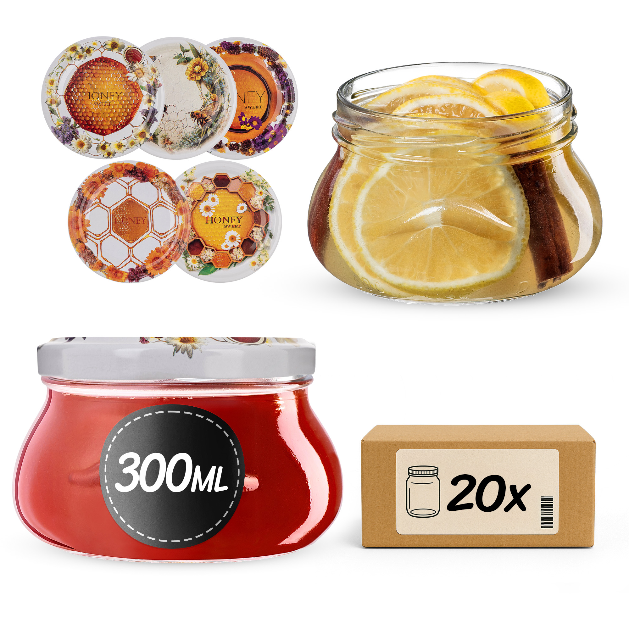 Słoiki na przetwory Raja 300ml fi82mm 20szt + wieczko Miodowy mix