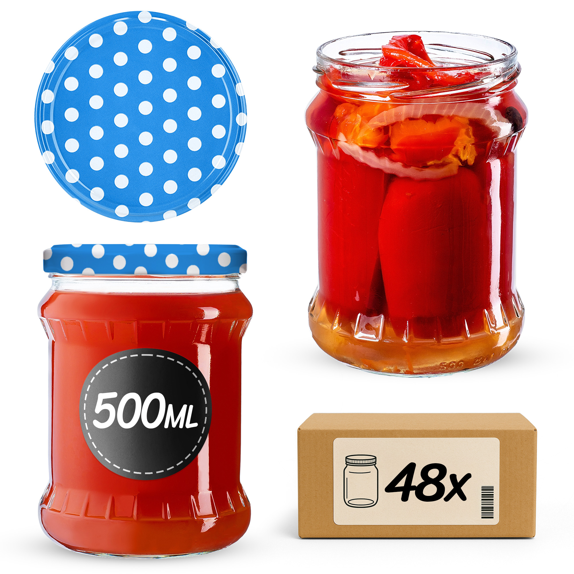 Słoiki na przetwory Kisko 500ml fi82mm 48szt + wieczko Groszek niebieski