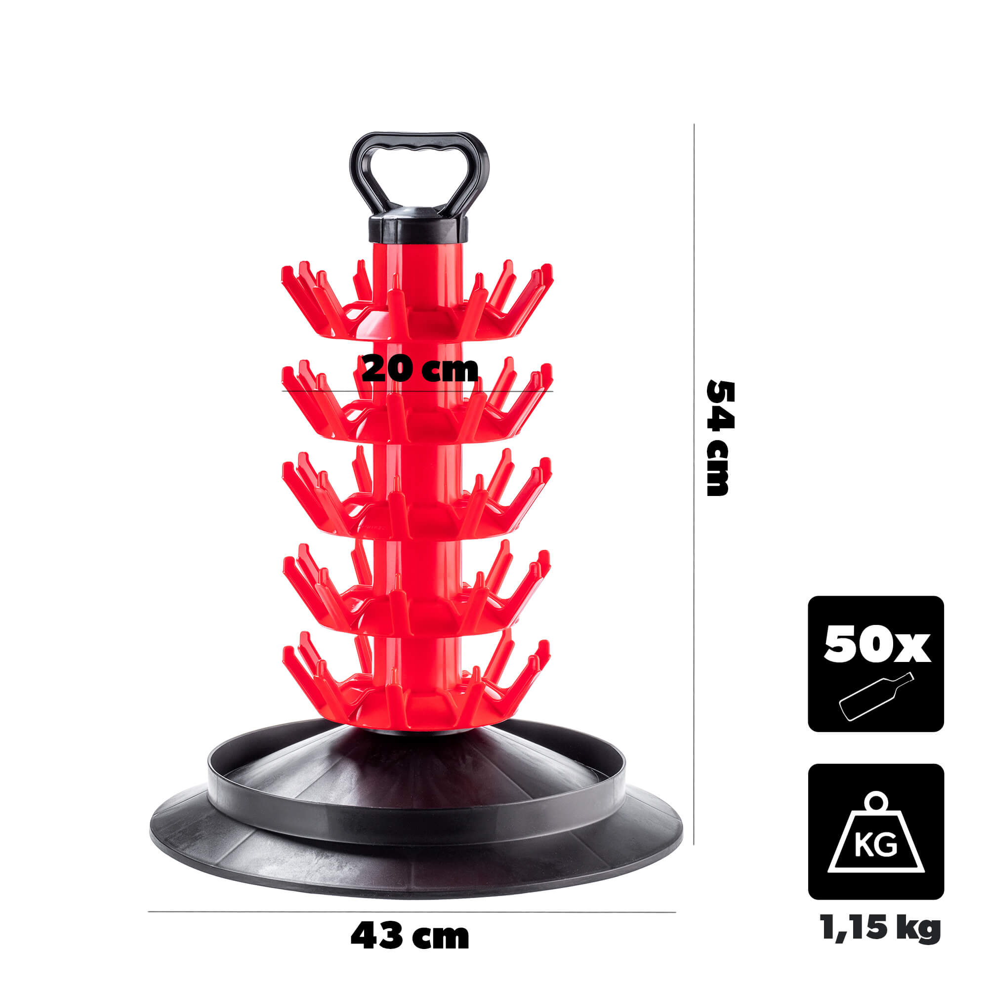 Suszarka ociekacz do butelek Nusco na 50 sztuk z uchwytem czerwony