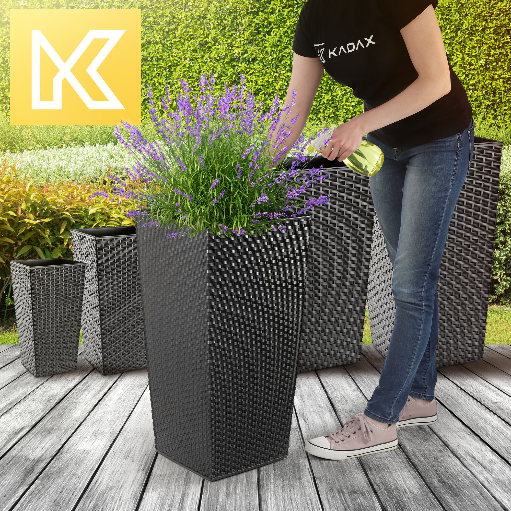 Zestaw 3 donic na kwiaty z wkładem Pesaro rattan 30, 35, 40 cm grafit