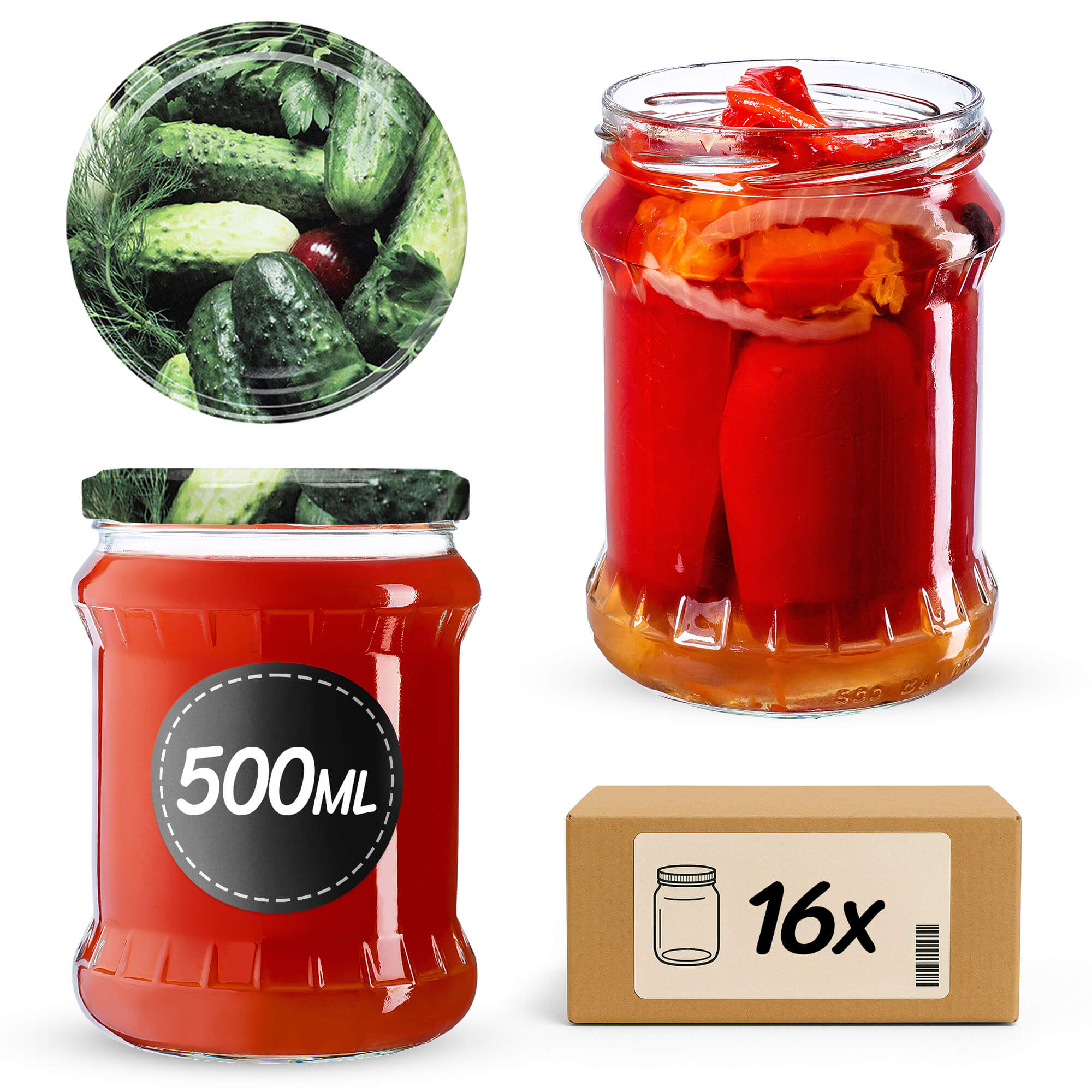 Słoiki na przetwory Kisko 500ml 16szt 82mm + wieczka "Ogórki"