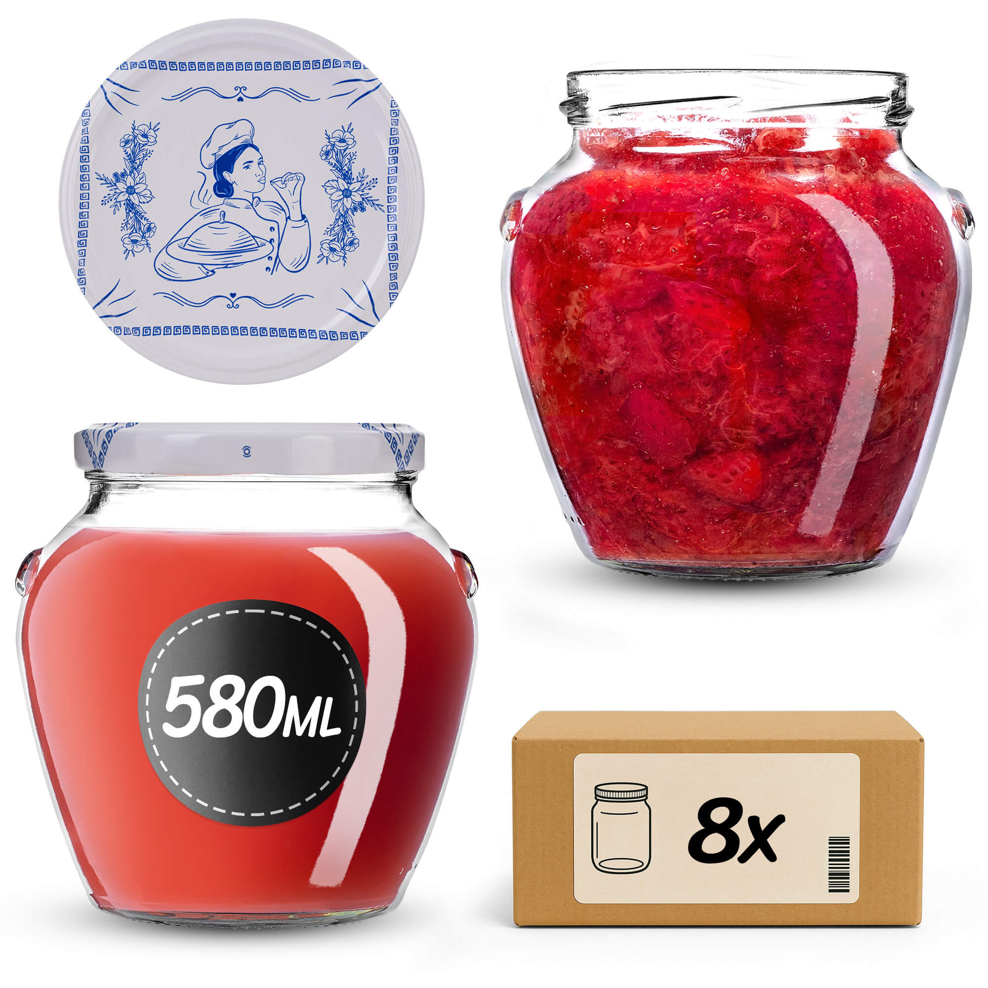 Słoiki na przetwory Sassa 580ml 8szt 82mm + wieczka "Kucharka"