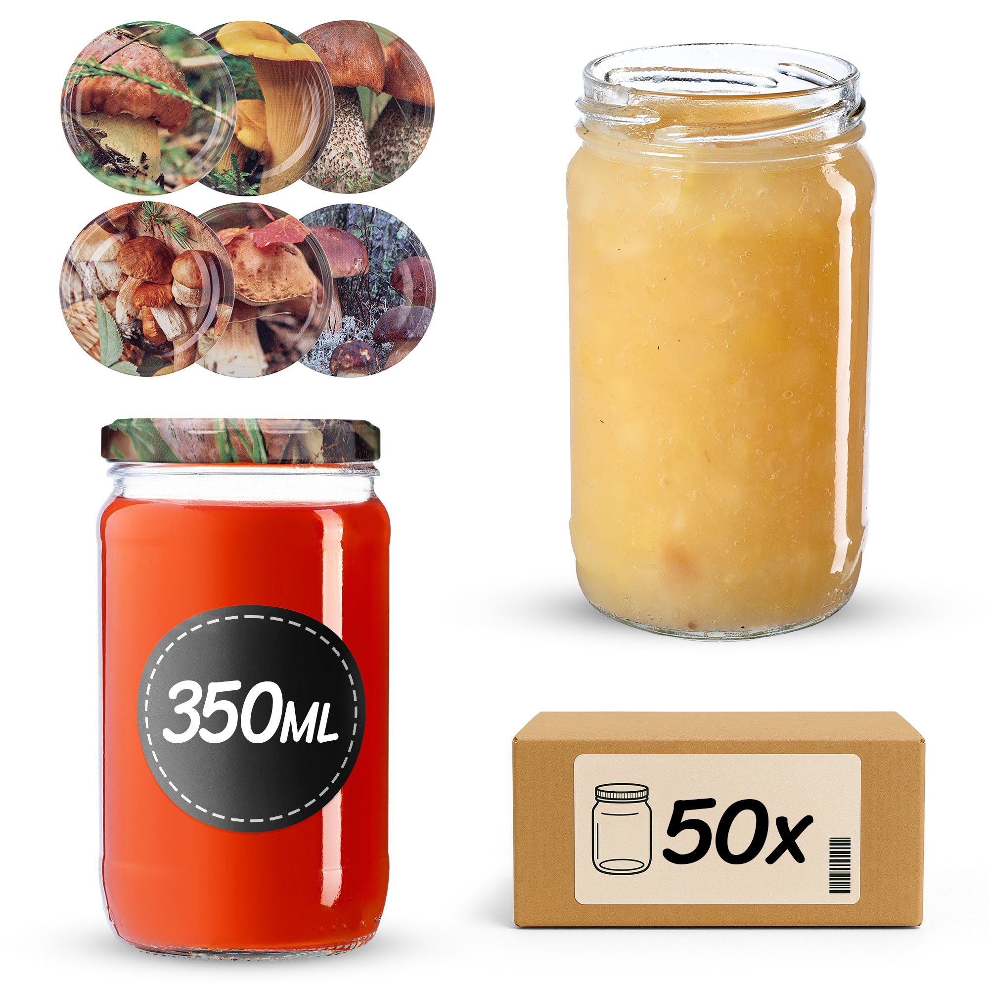 Słoiki na przetwory Gera 350ml fi66mm 50szt + wieczko Grzyby mix