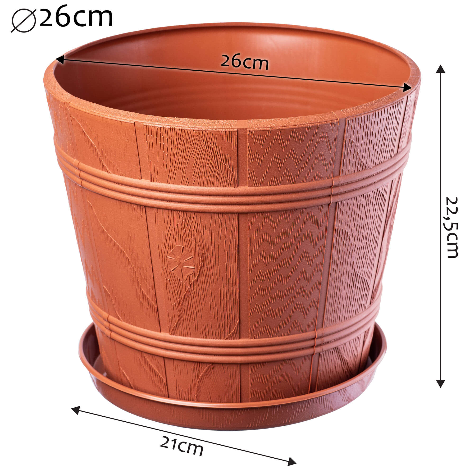 Doniczka drewnopodobna z podstawką Pula 26 cm, terakota