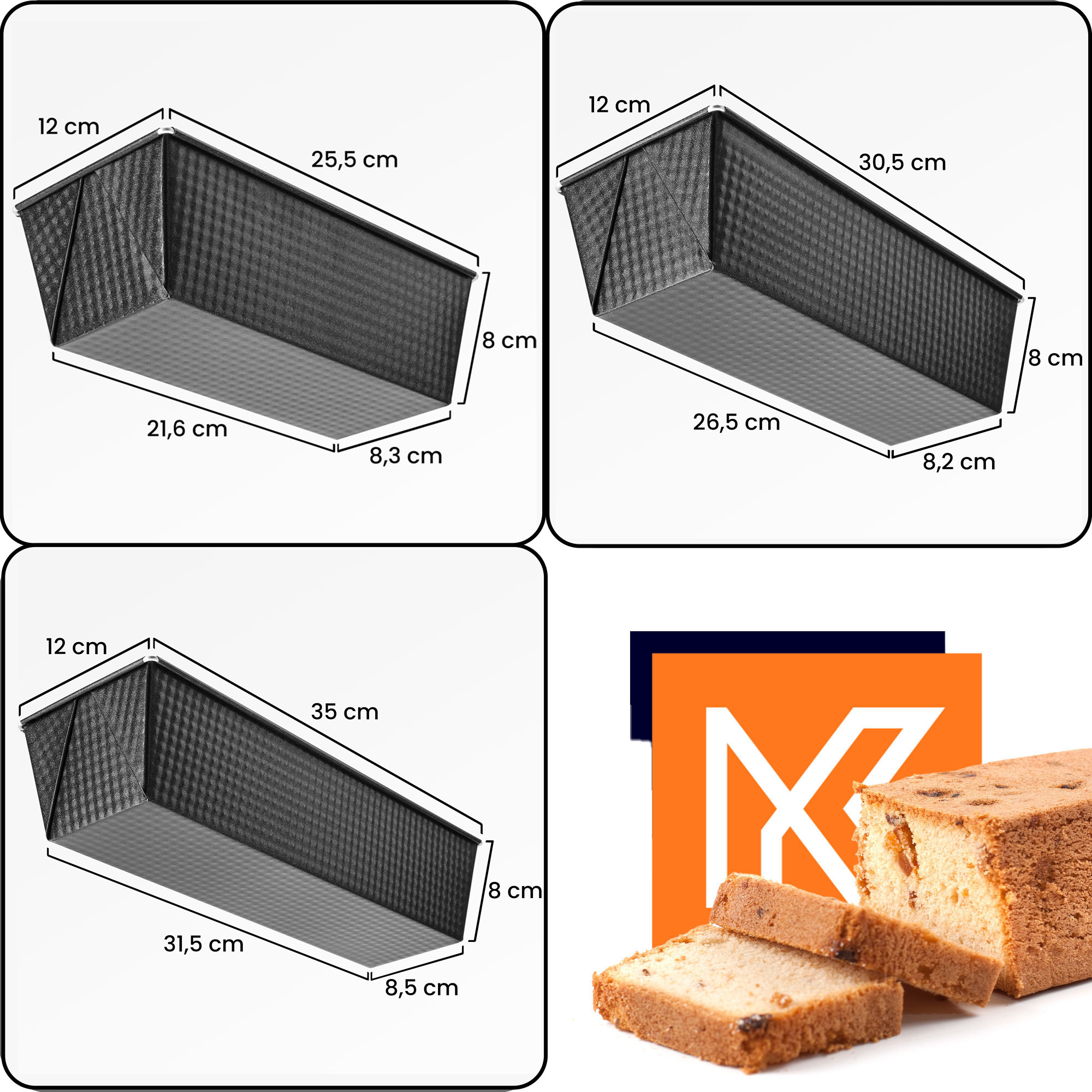Zestaw keksówek kopertowych 25 + 30 + 35 cm, czarne