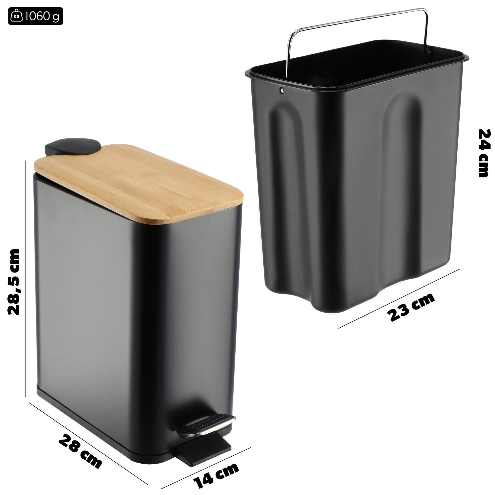 Kosz na śmieci z bambusową pokrywą 5L, czarny