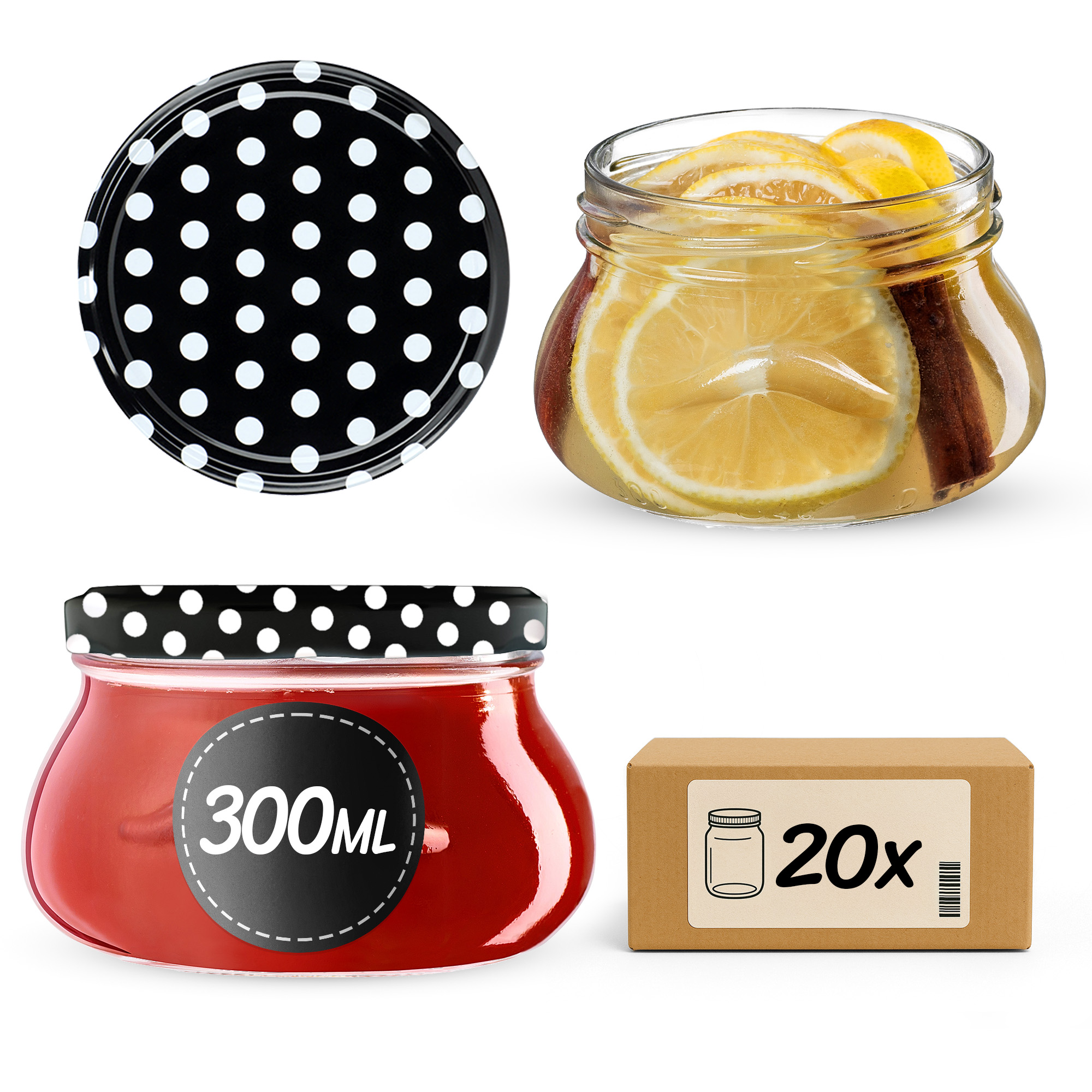 Słoiki na przetwory Raja 300ml 20szt 82mm + wieczka "Czarny Groszek"