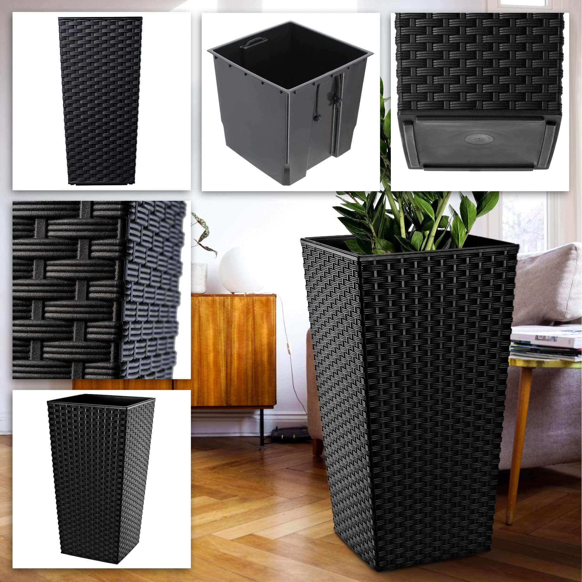 Donica na kwiaty z wkładem Pesaro rattan 40 cm, czarna