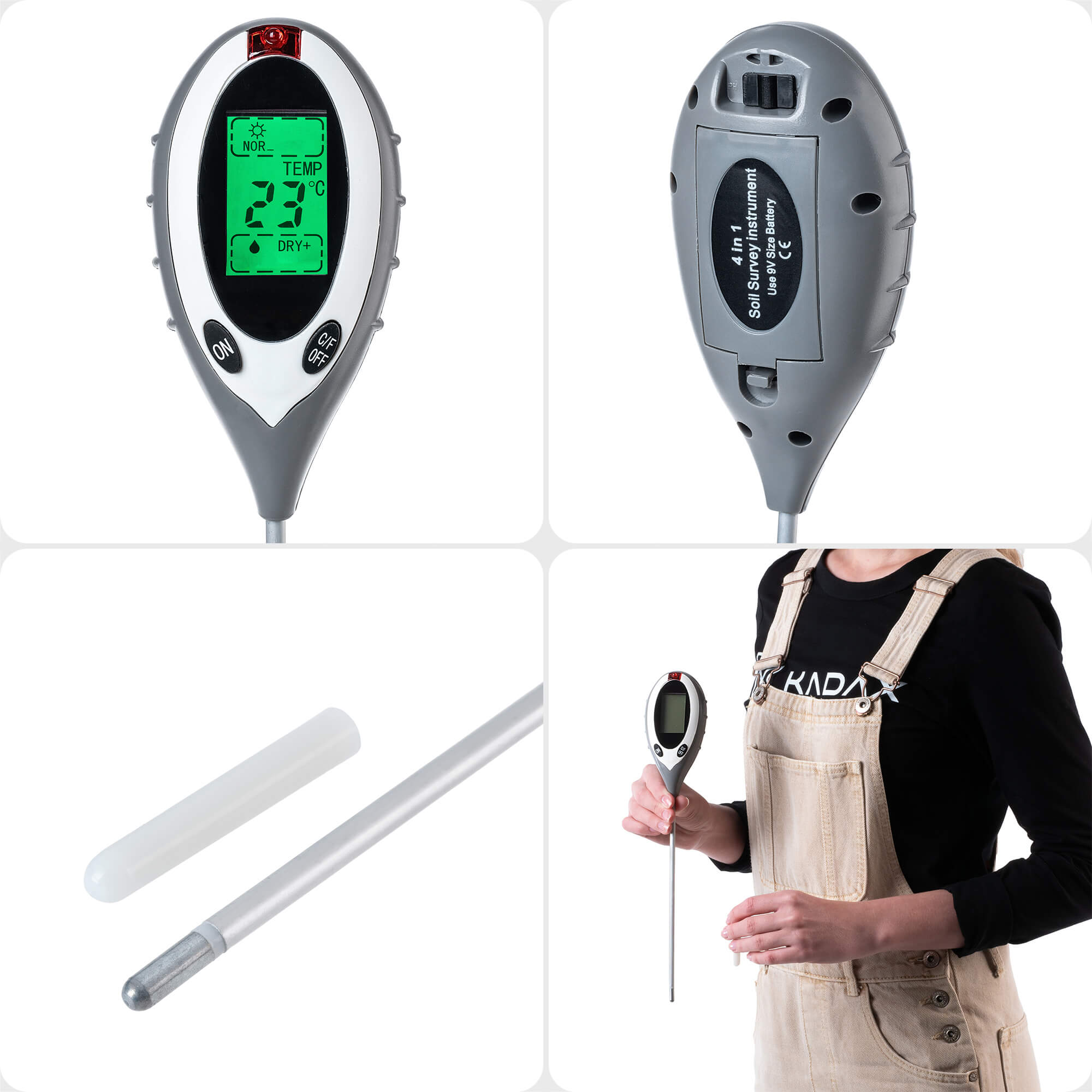 Miernik kwasowości, wilgotności, nasłonecznienia i temperatury gleby 4w1 Meaux z wyświetlaczem LCD