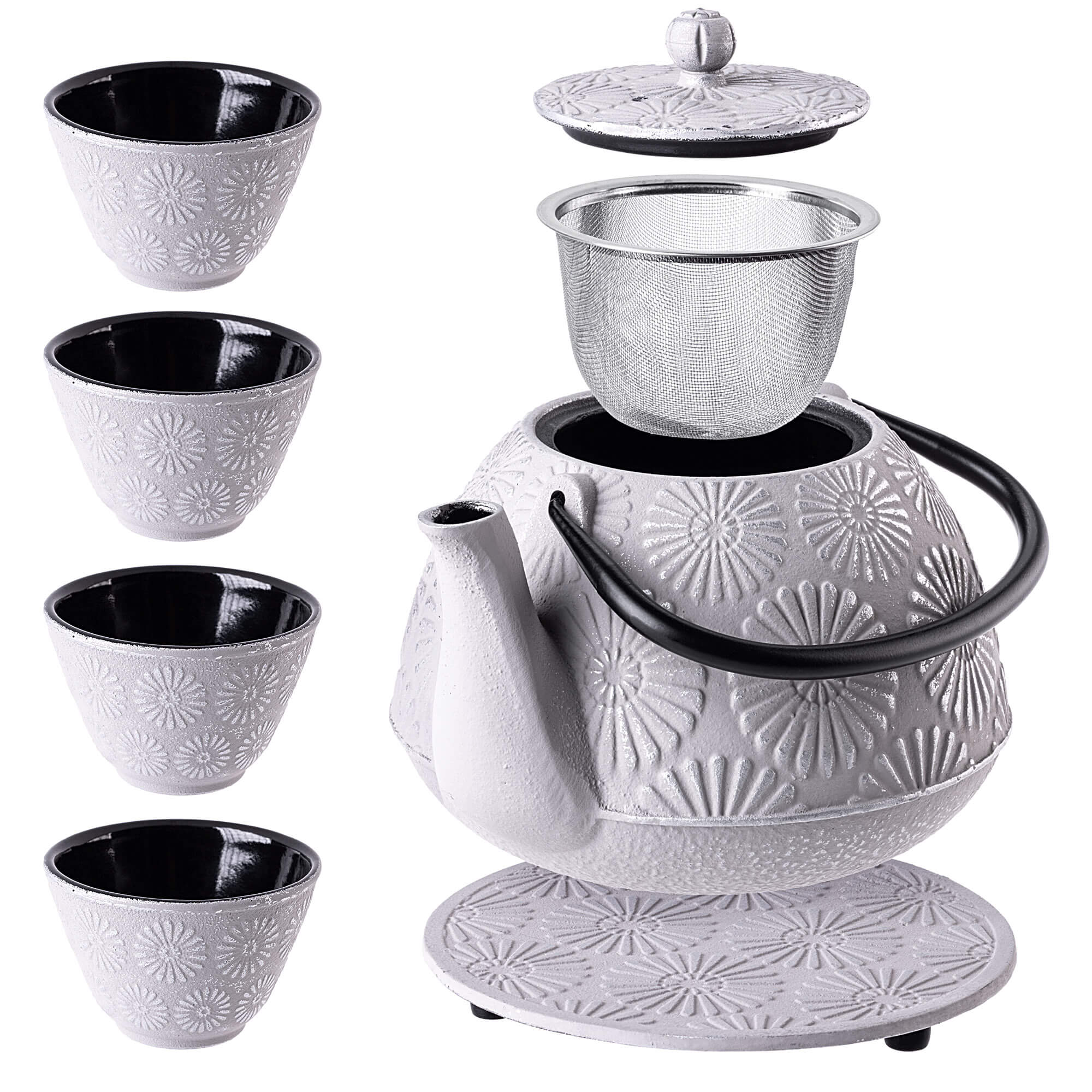 Czajnik żeliwny z czarkami i zaparzaczem Genua biały