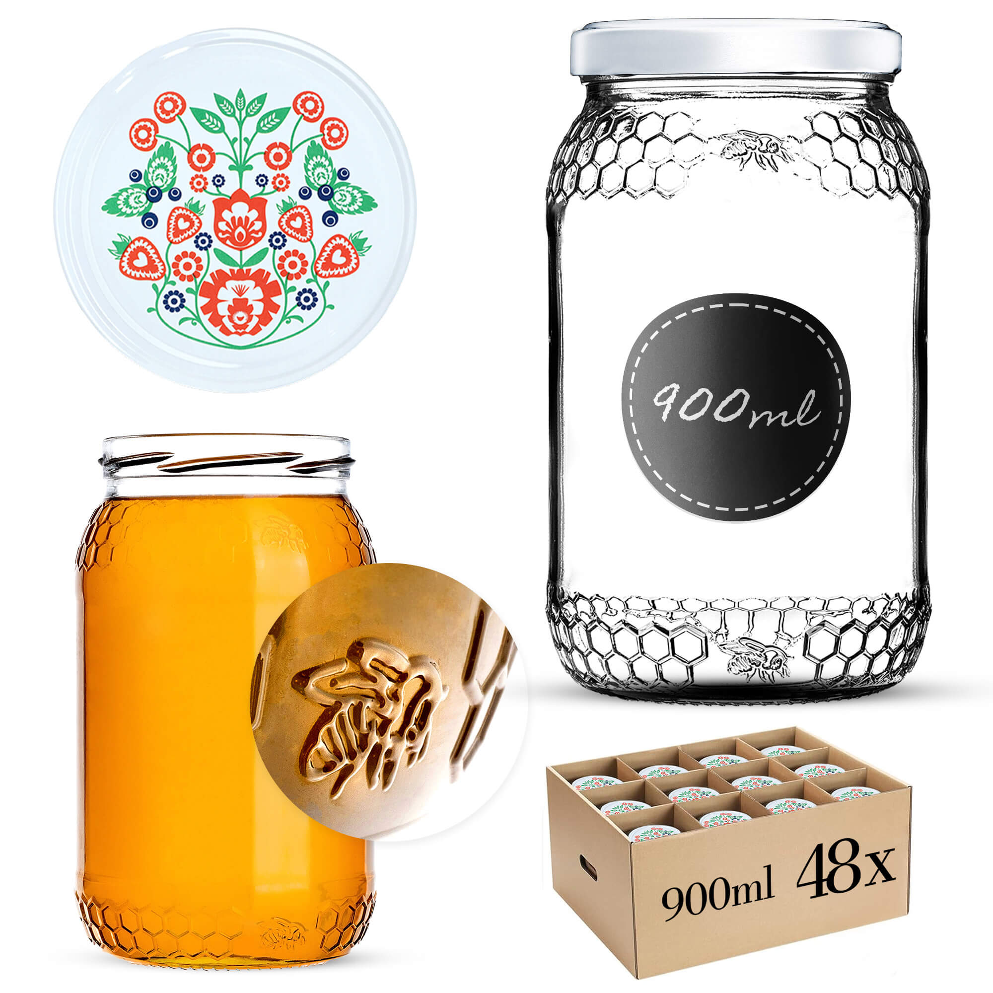 Szklany słój Lierde 900ml 82mm 48 szt. + wieczka "Folklor"