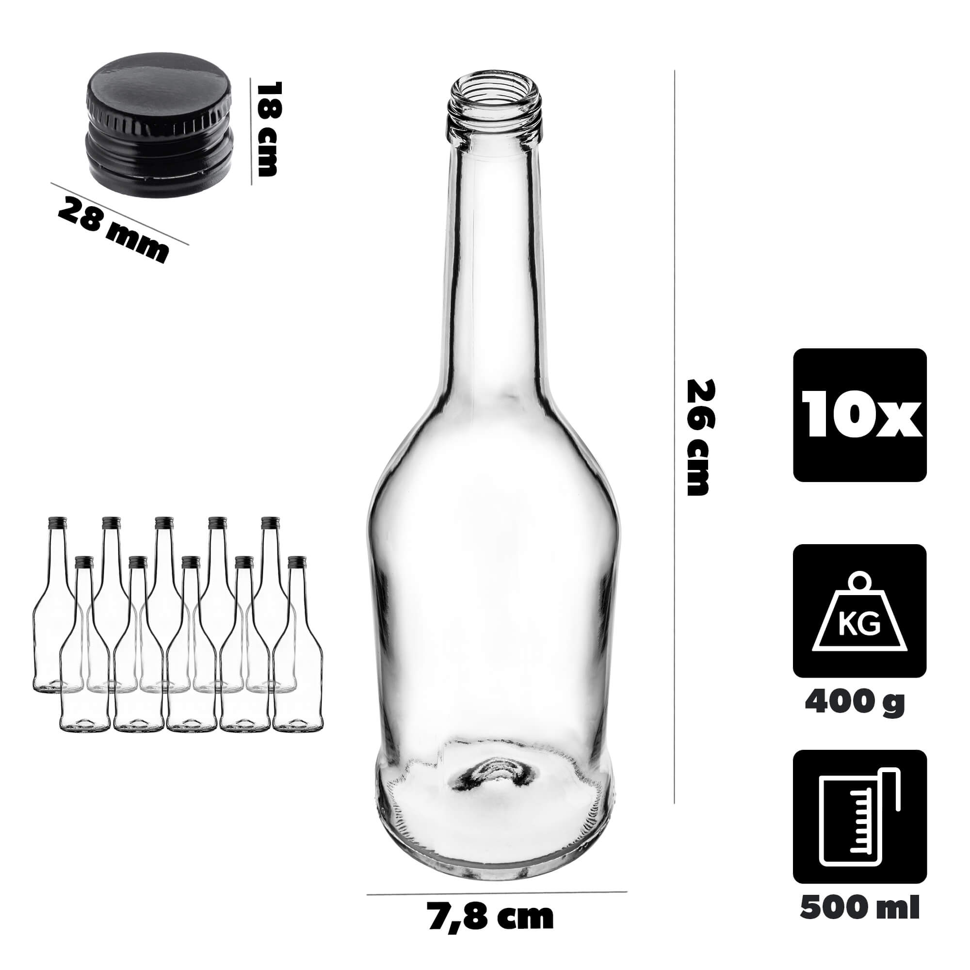 Szklana butelka na nalewkę Loiret 500ml z czarną zakrętką 10 szt.
