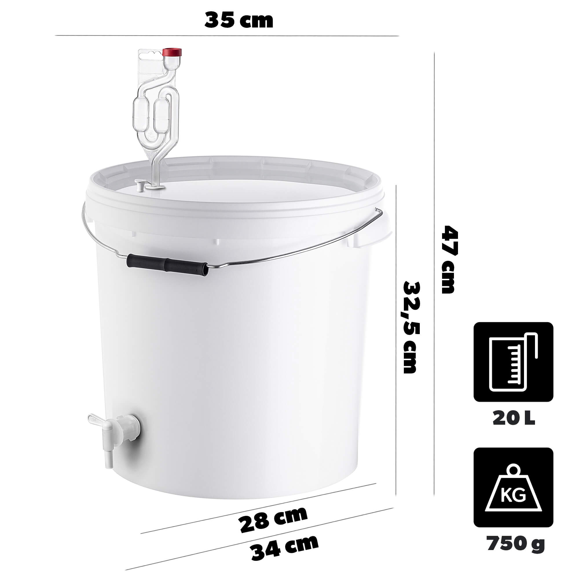 Pojemnik fermentacyjny Acerra z pokrywą i uchwytem 20L biały + kran + korek + rurka fermentacyjna