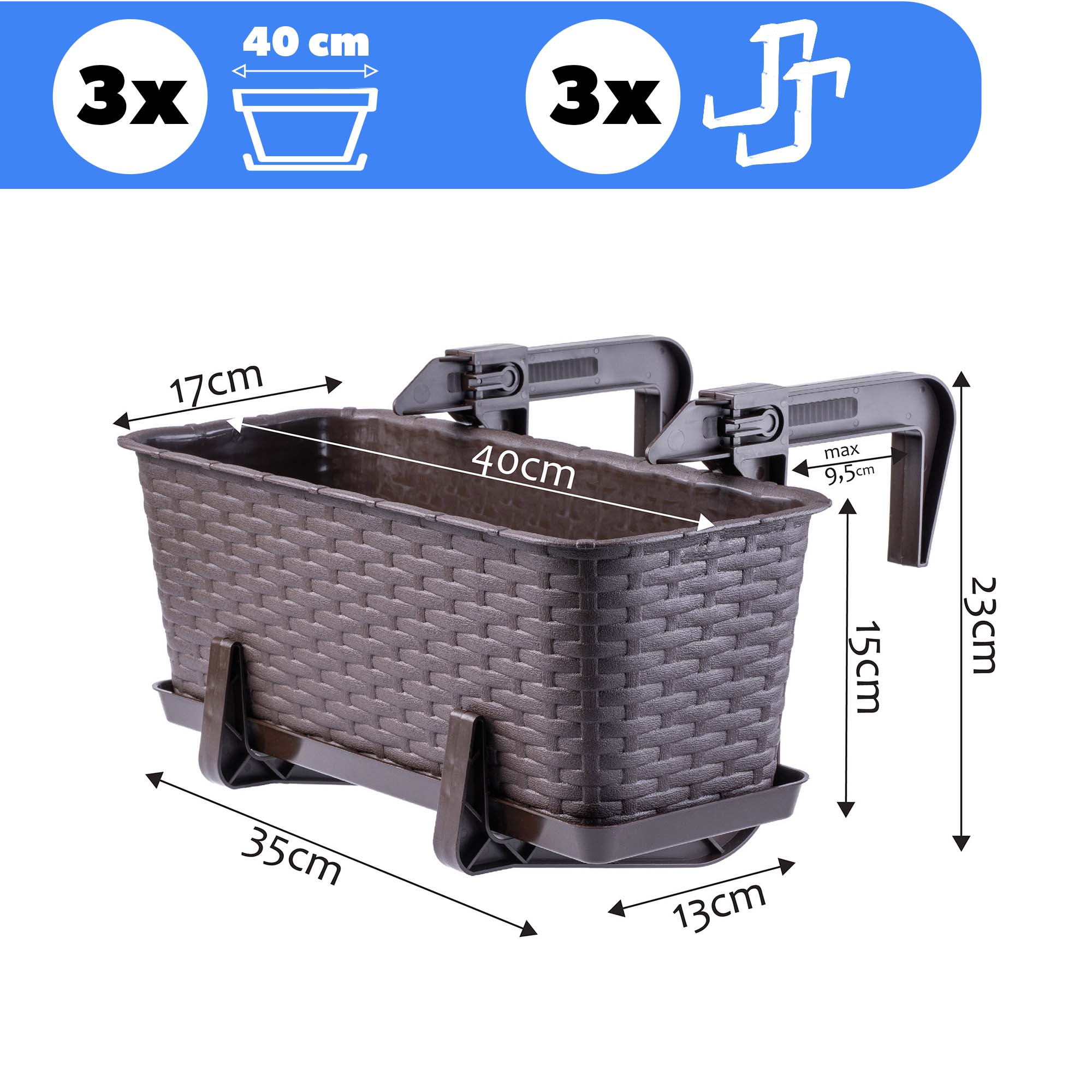 Skrzynka balkonowa z uchwytami Castro brązowa 40 cm, 3 szt.