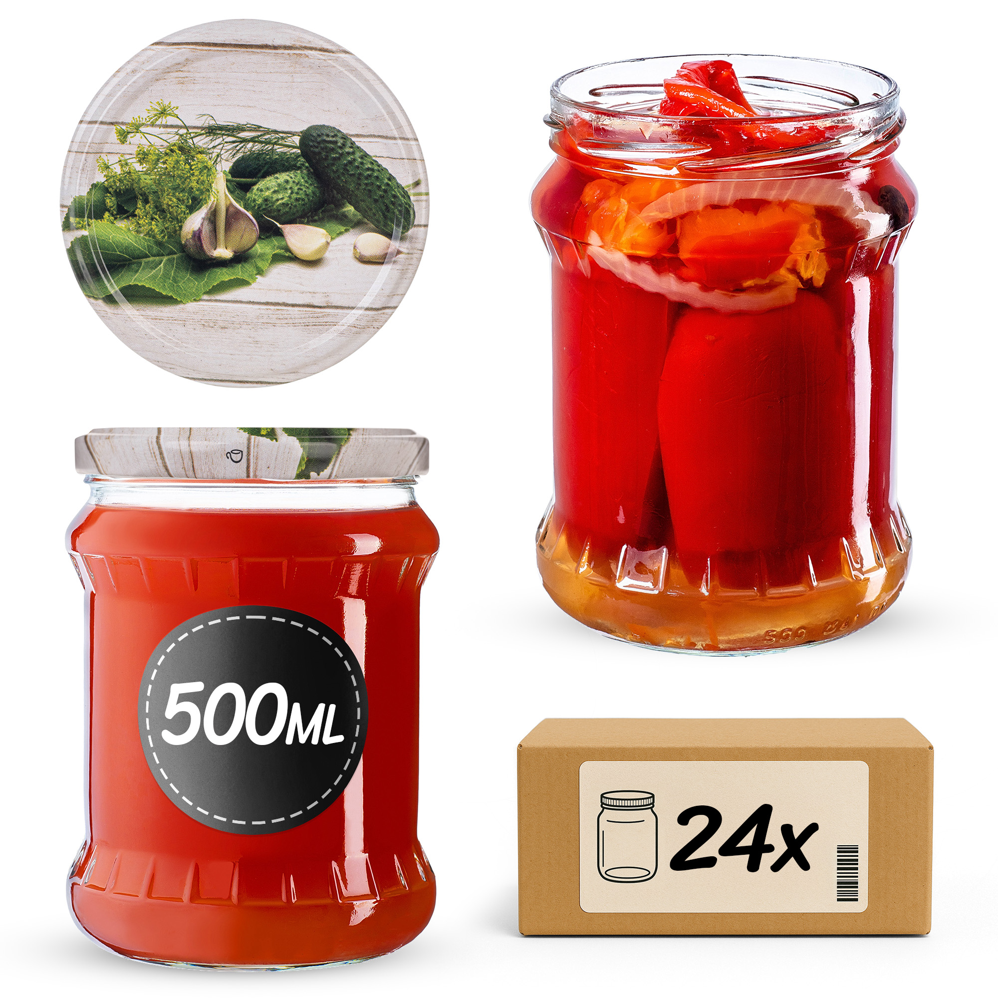 Słoiki na przetwory Kisko 500ml fi82mm 24szt + wieczko Ogórek