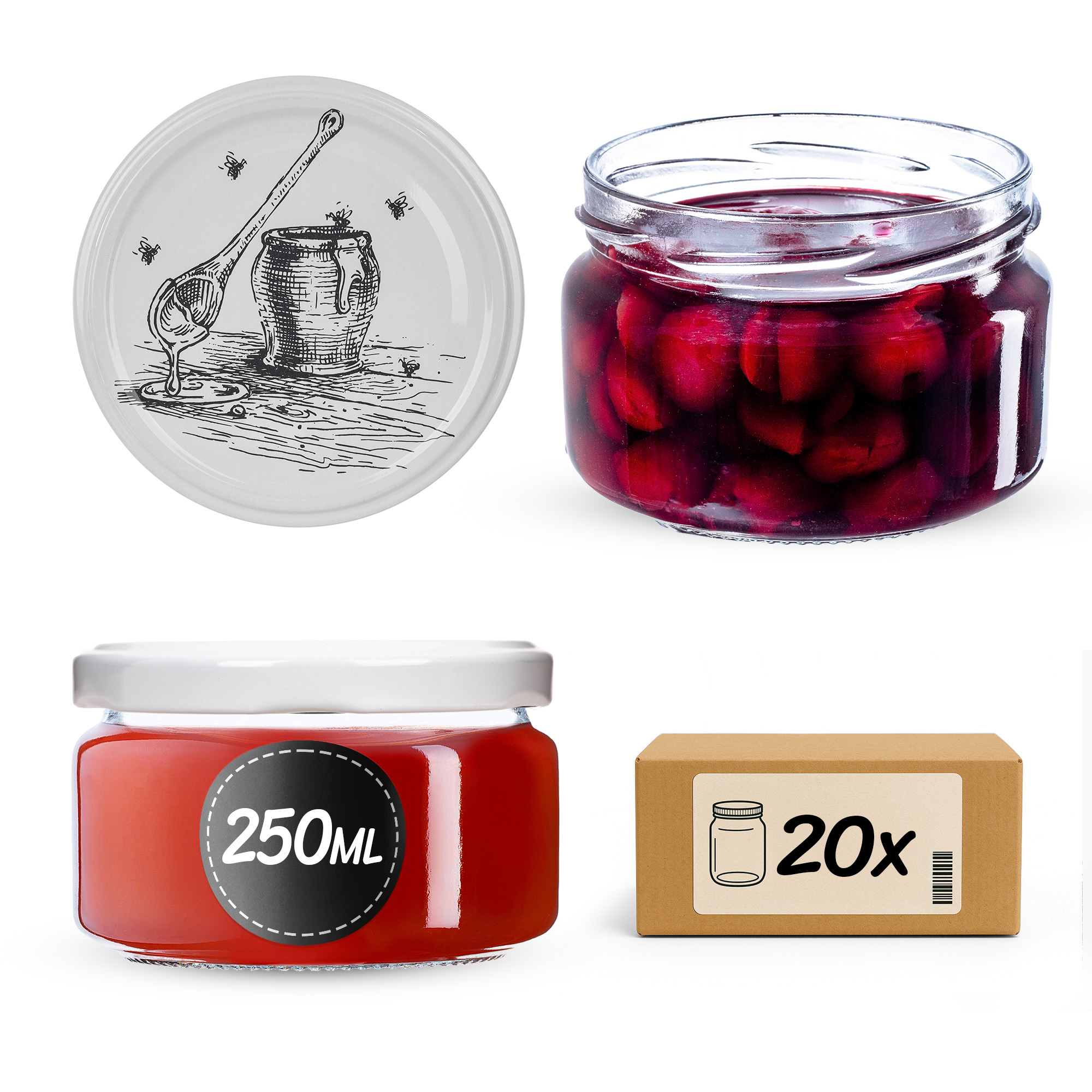 Słoiki na przetwory Denia 250ml 20szt 82mm + wieczko "Pszczoła"