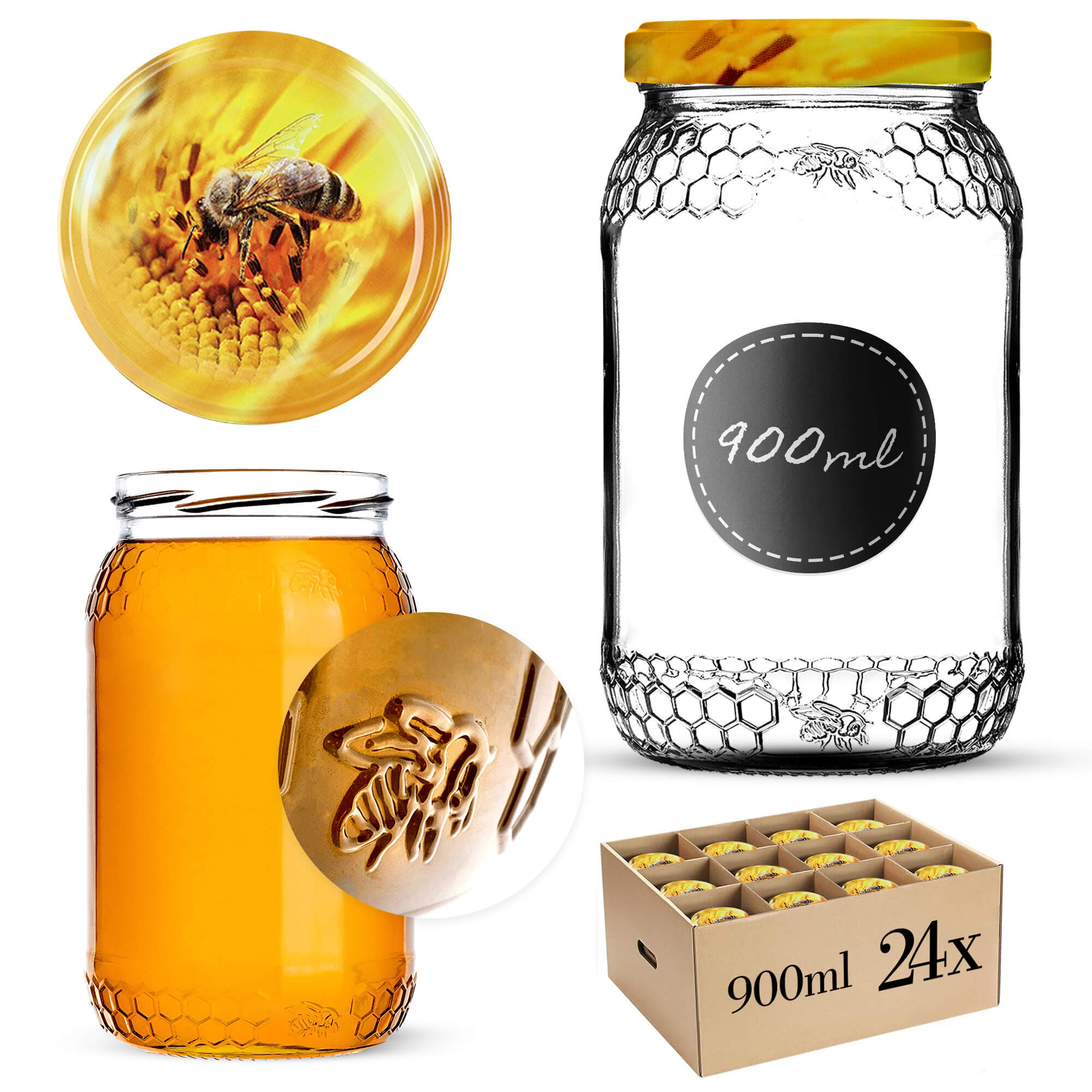 Szklany słój Lierde 900ml 82mm 24 szt. + wieczka "Pszczoła"