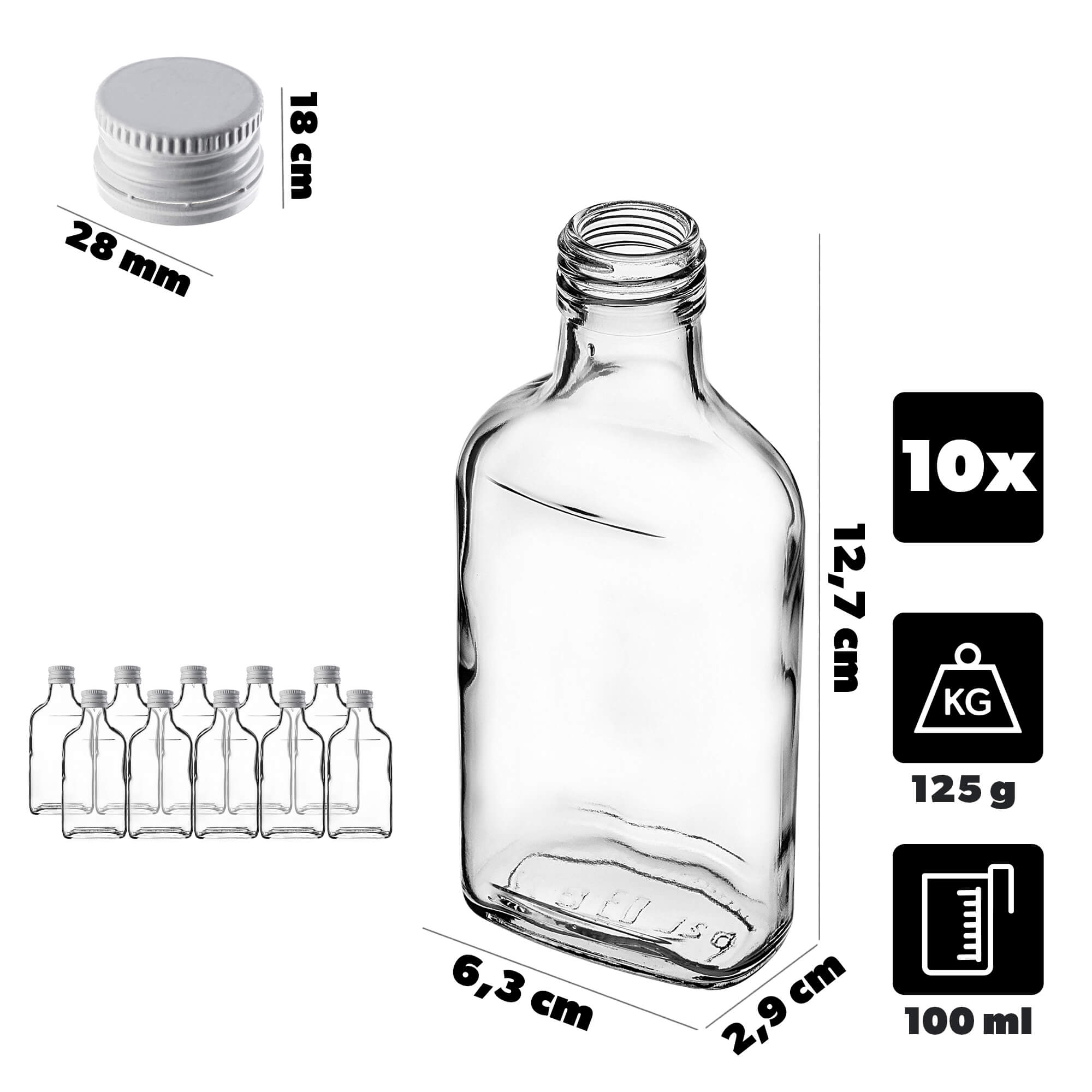 Butelka piersiówka Viane 200ml z białą zakrętką 10 szt.