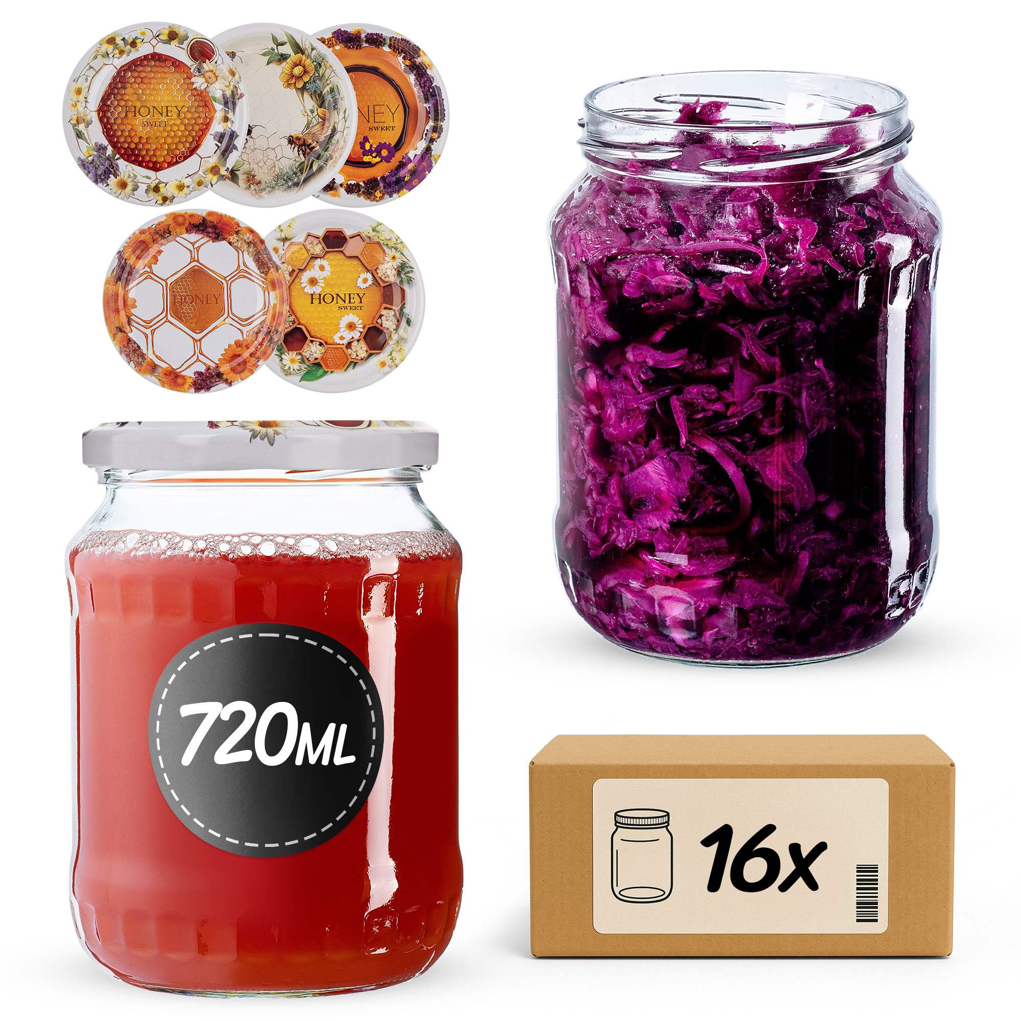 Słoiki na przetwory Jukka 720ml fi82mm 16szt + wieczko Miodowy mix