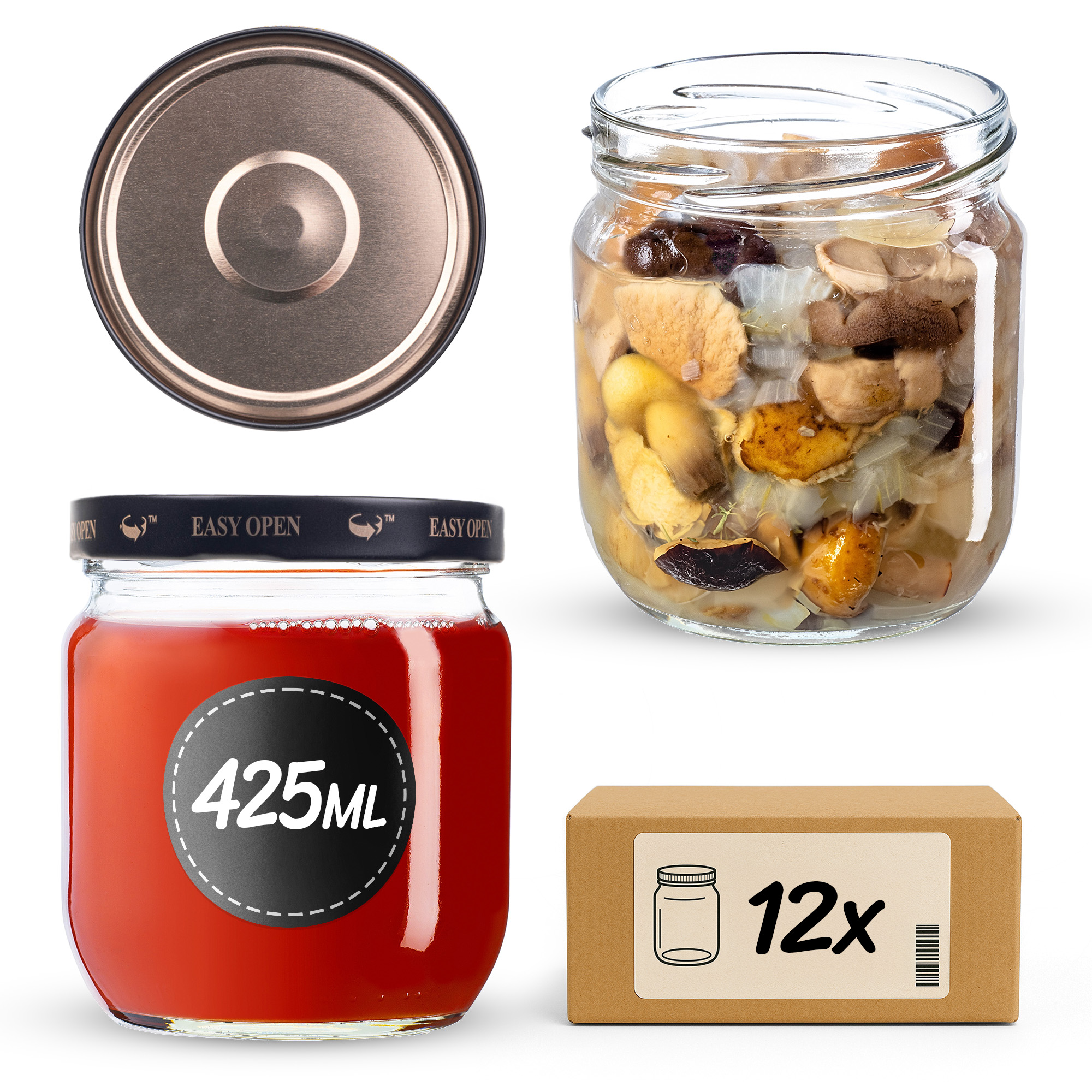Słoiki na przetwory Salla 425ml fi82mm 12szt + wieczko Czarno złote