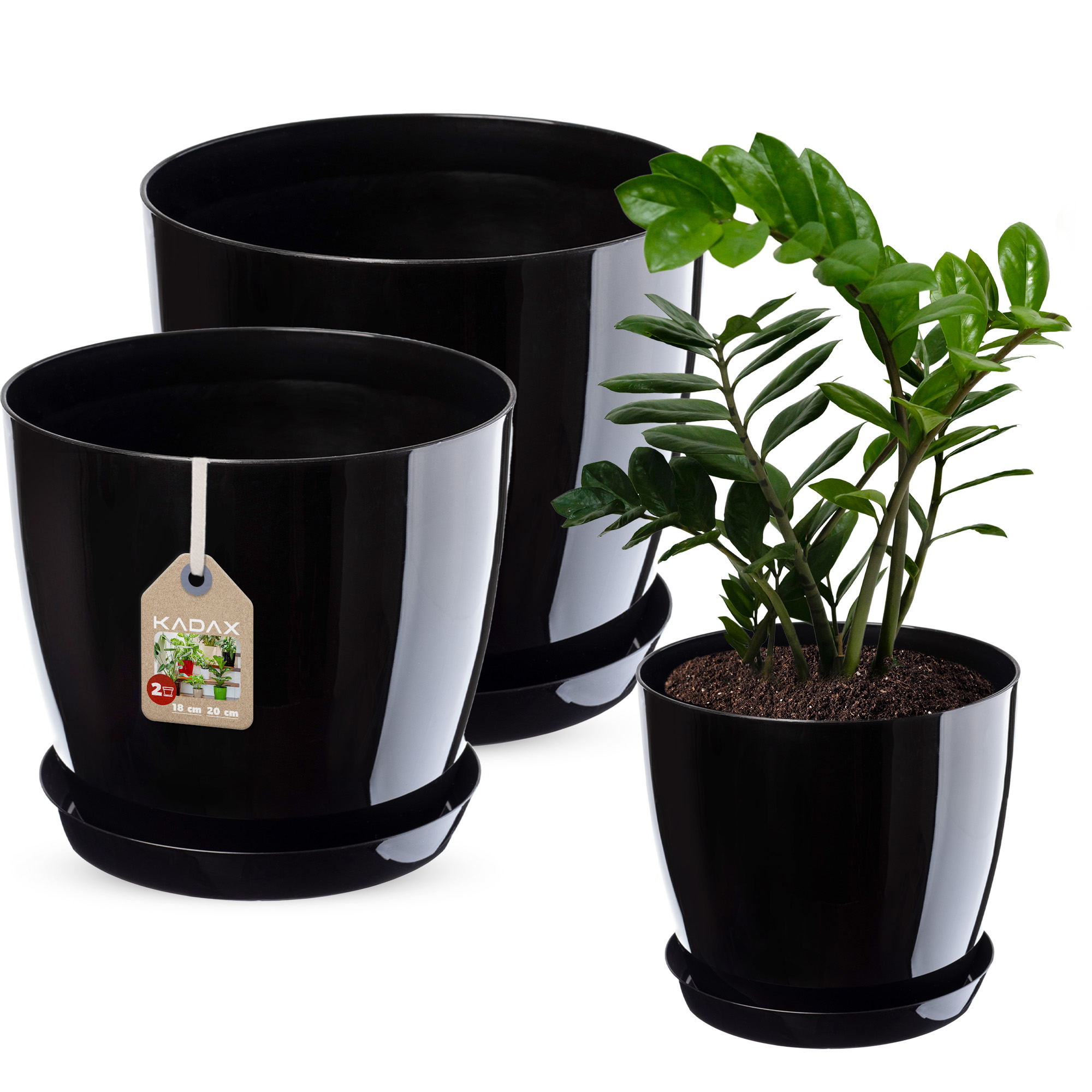Doniczka na kwiaty z podstawką czarna 18 cm + 20 cm, 2 szt.