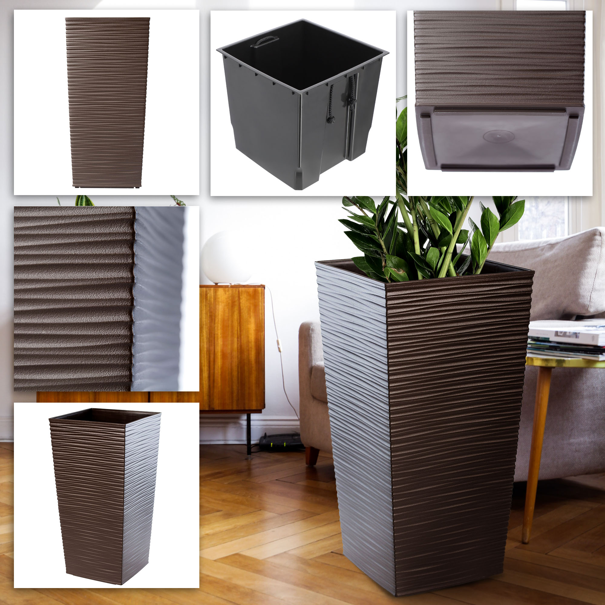 Donice na kwiaty z wkładem Tuluza dłuto 30 cm + 35 cm + 40 cm, mokka
