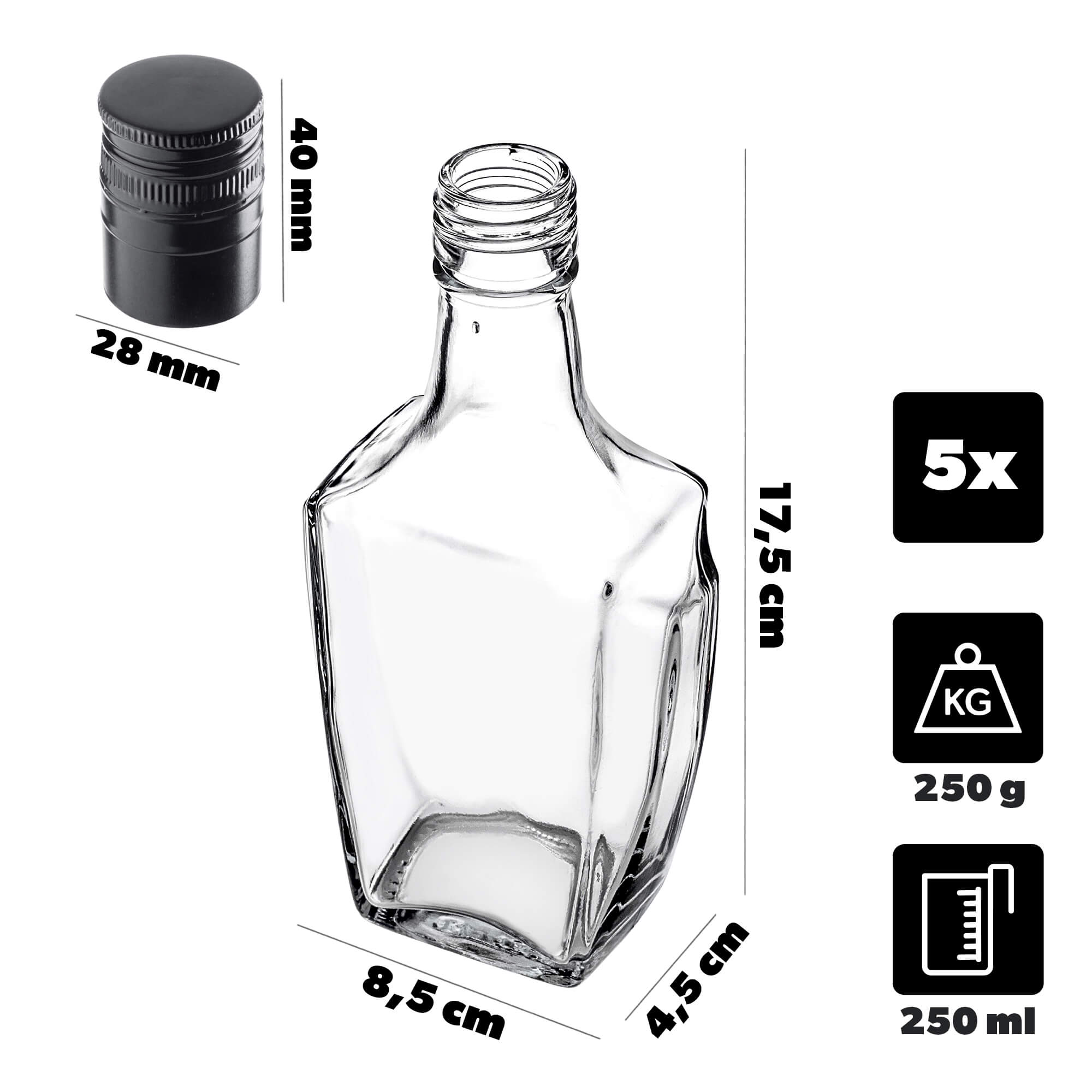 Szklana butelka na nalewkę Faenza 250ml z długą czarną zakrętką 5 szt.