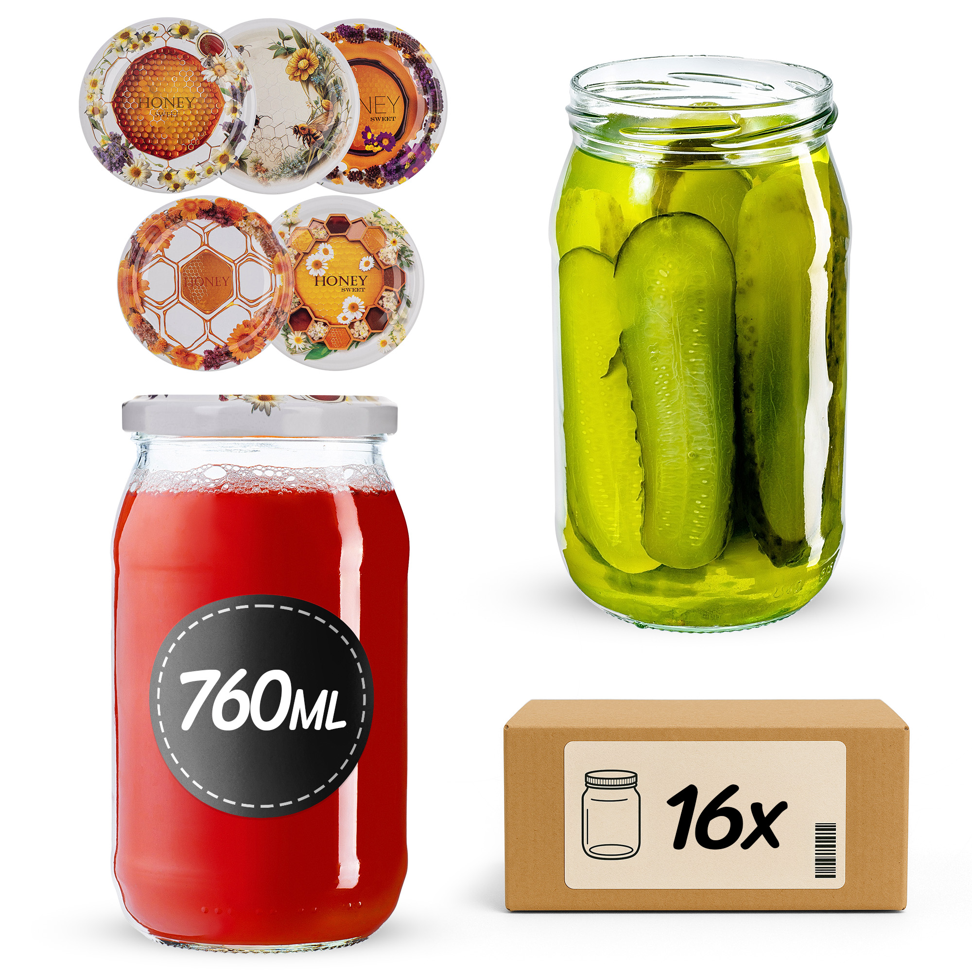 Słoiki na przetwory Niva 760ml fi82mm 16szt + wieczko Miodowy mix
