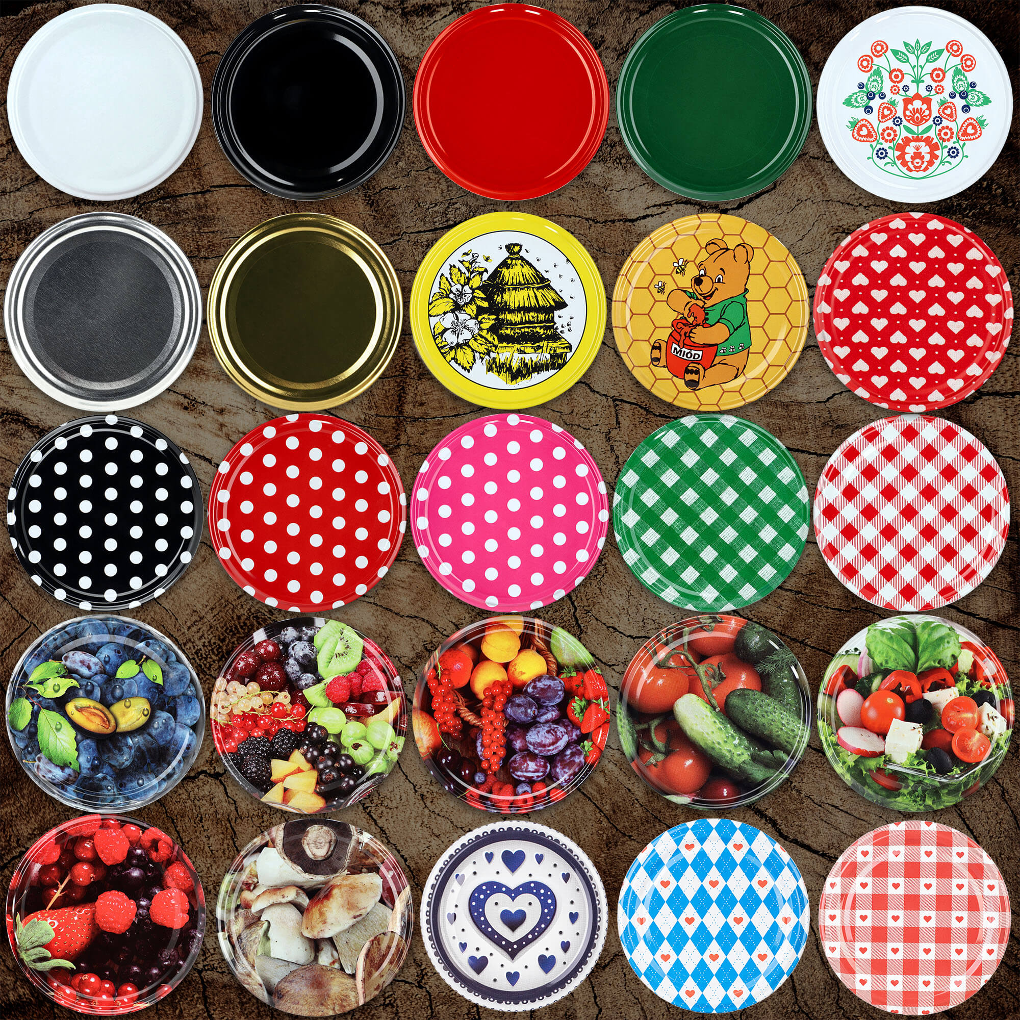 Metalowe wieczka do słoików Valsta 50szt fi 66mm "Czerwona krata z sercami"