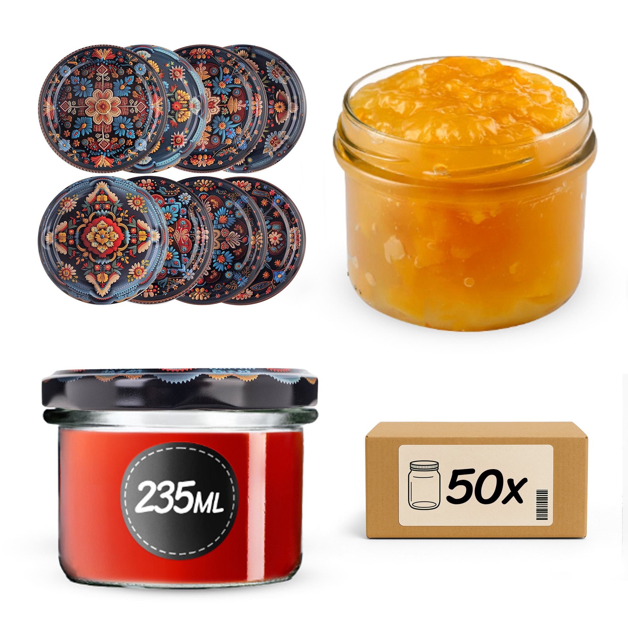 Słoiki na przetwory Tartu 235ml fi82mm 50szt + wieczko Haftowanka