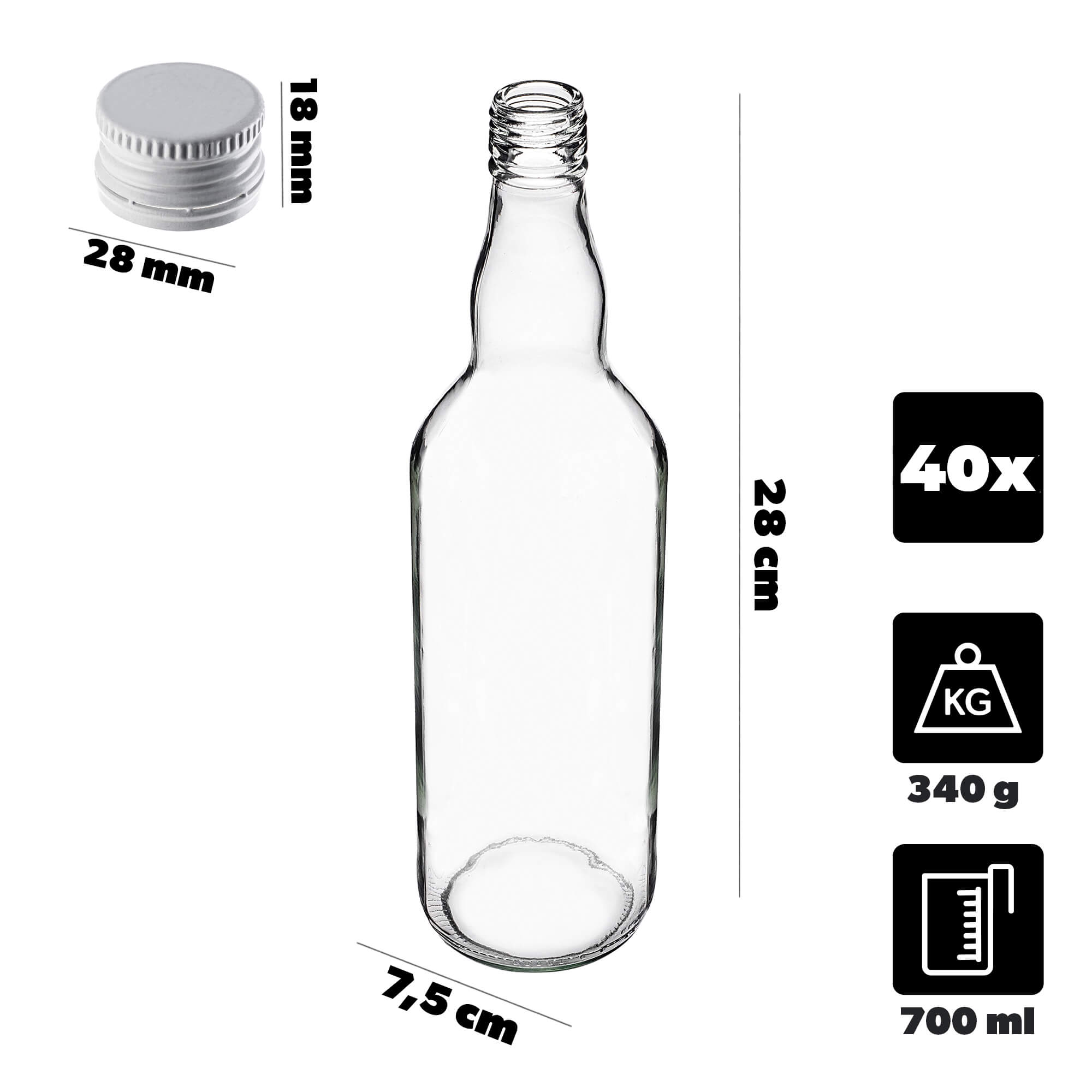 Szklana butelka Monopol 700ml z białą zakrętką 40 szt.