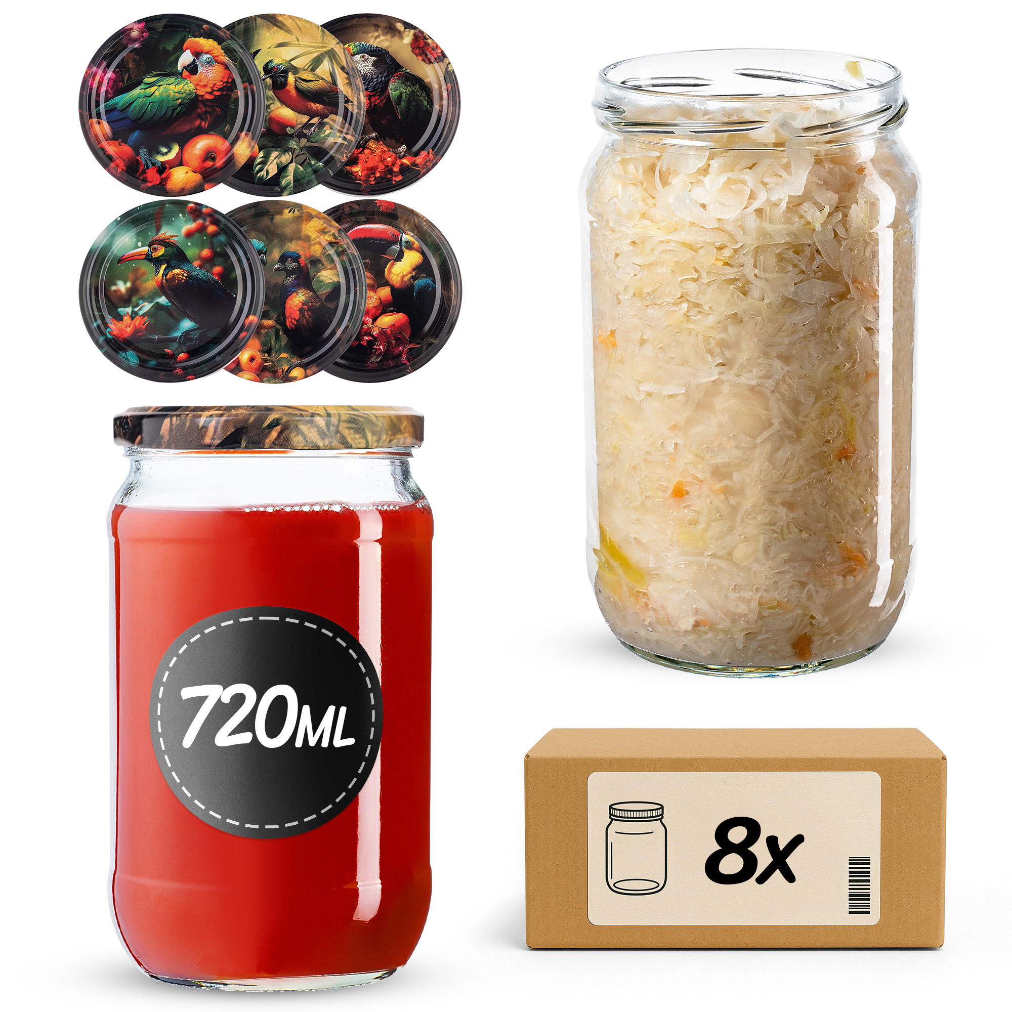 Słoiki na przetwory Niva 720ml fi82mm 8szt + wieczko Ptaki