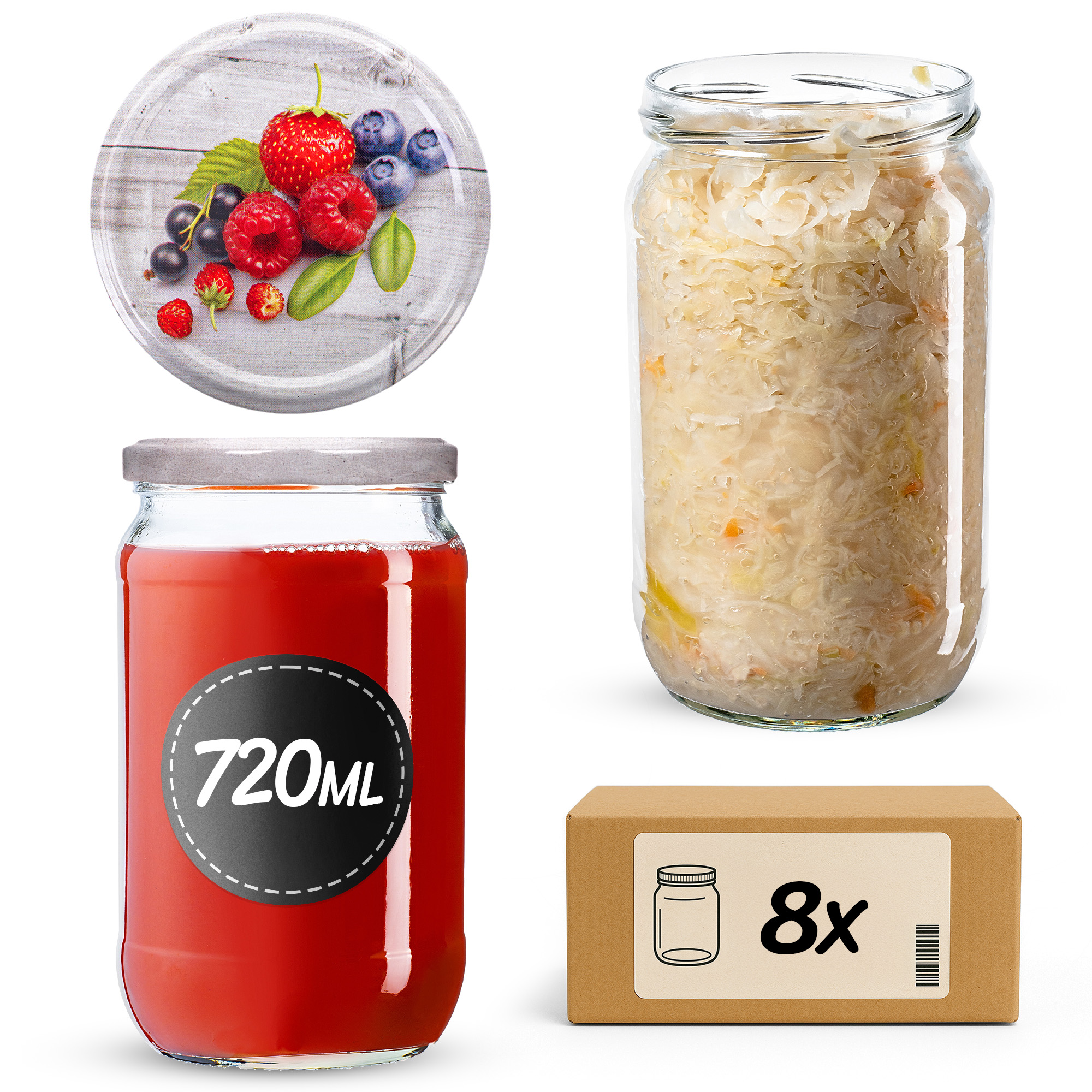 Słoiki na przetwory Niva 720ml fi82mm 8szt + wieczko Owoce