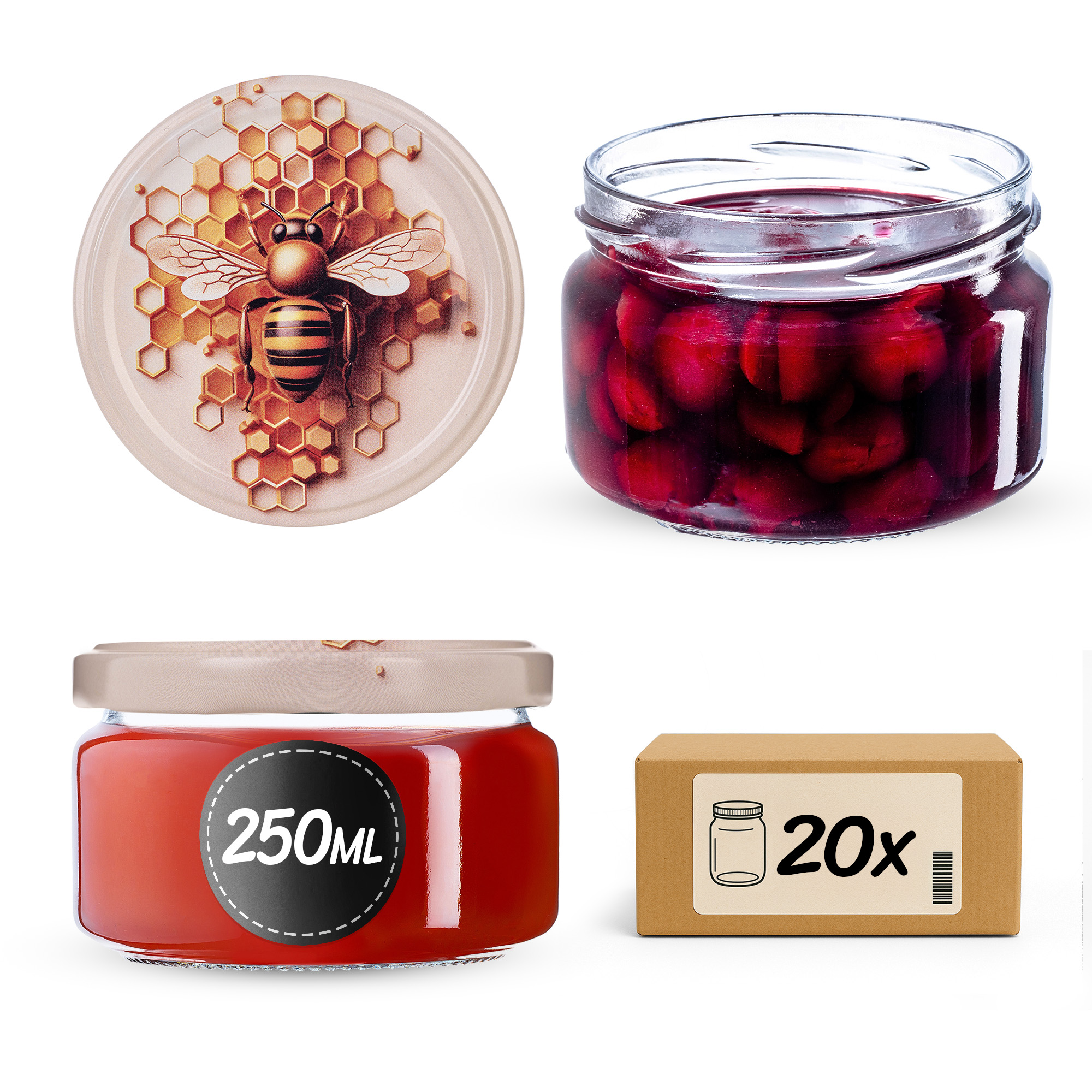 Słoiki na przetwory Denia 250ml 20szt 82mm + wieczko "Pszczoła"