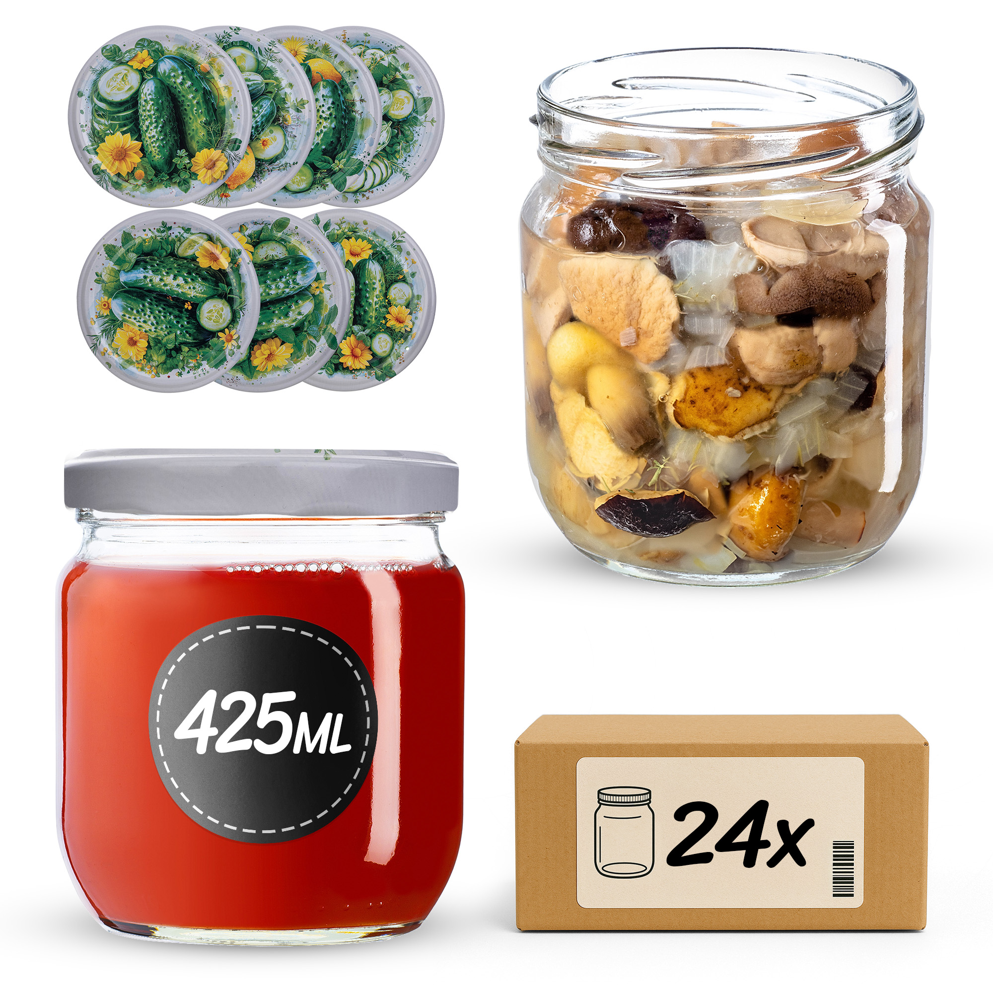 Słoiki na przetwory Salla 425ml fi82mm 24szt + wieczko Kompozycja ogórkowa