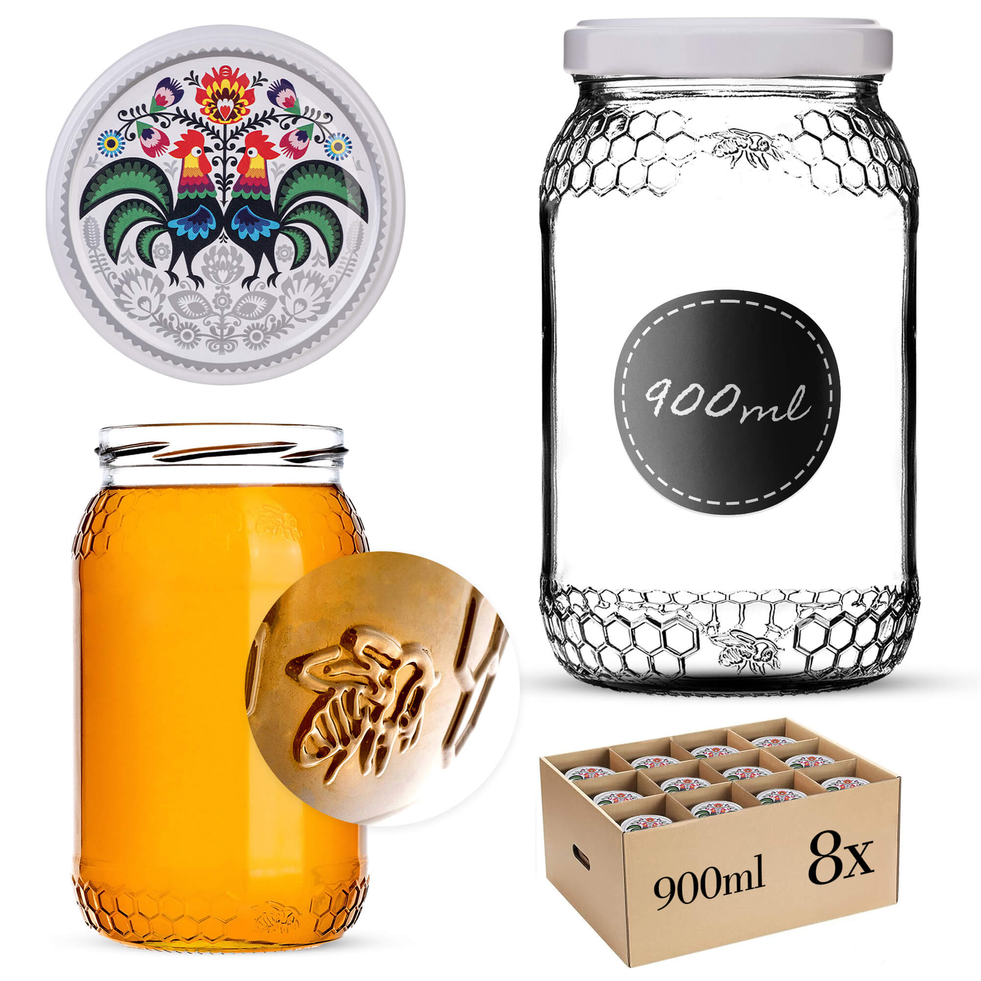 Szklany słój Lierde 900ml 82mm 8 szt. + wieczka "Folklor z kogutem"