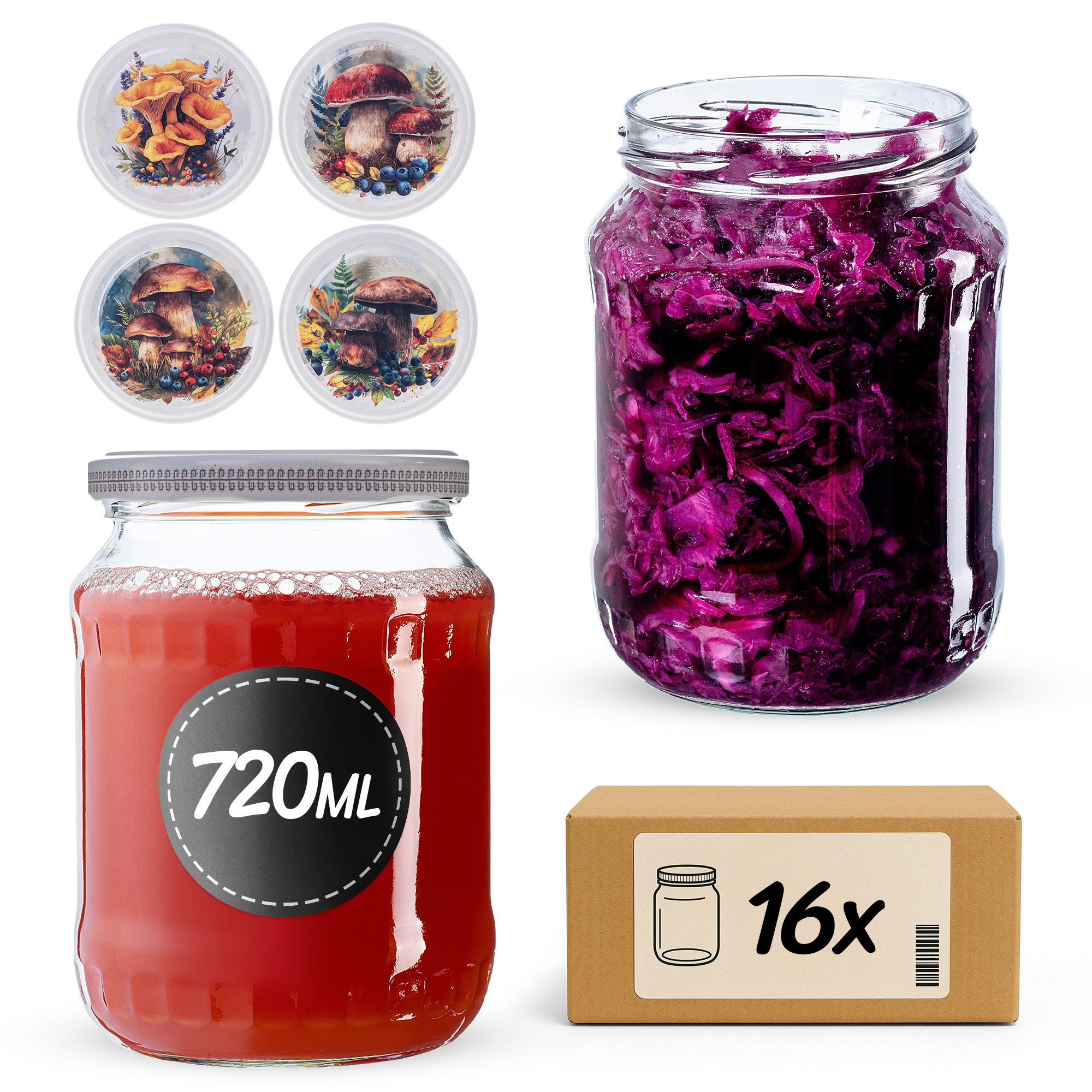 Słoiki na przetwory Jukka 720ml fi82mm 16szt + wieczko Grzyb akwarela