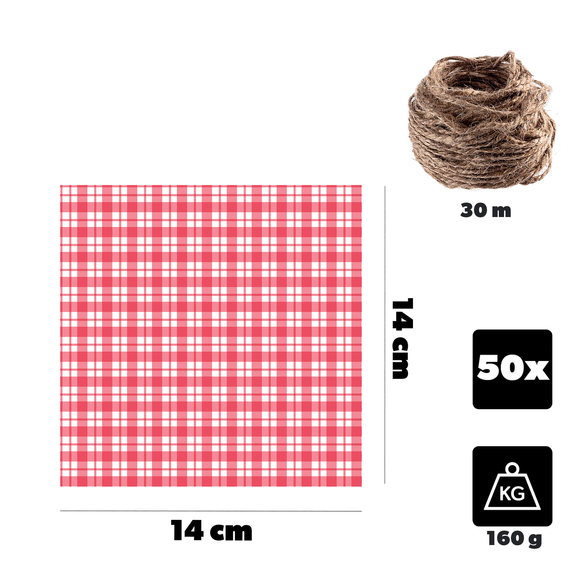 Kapturki na słoiki Maja ze sznurkiem, 50szt, "Czerwona krata"