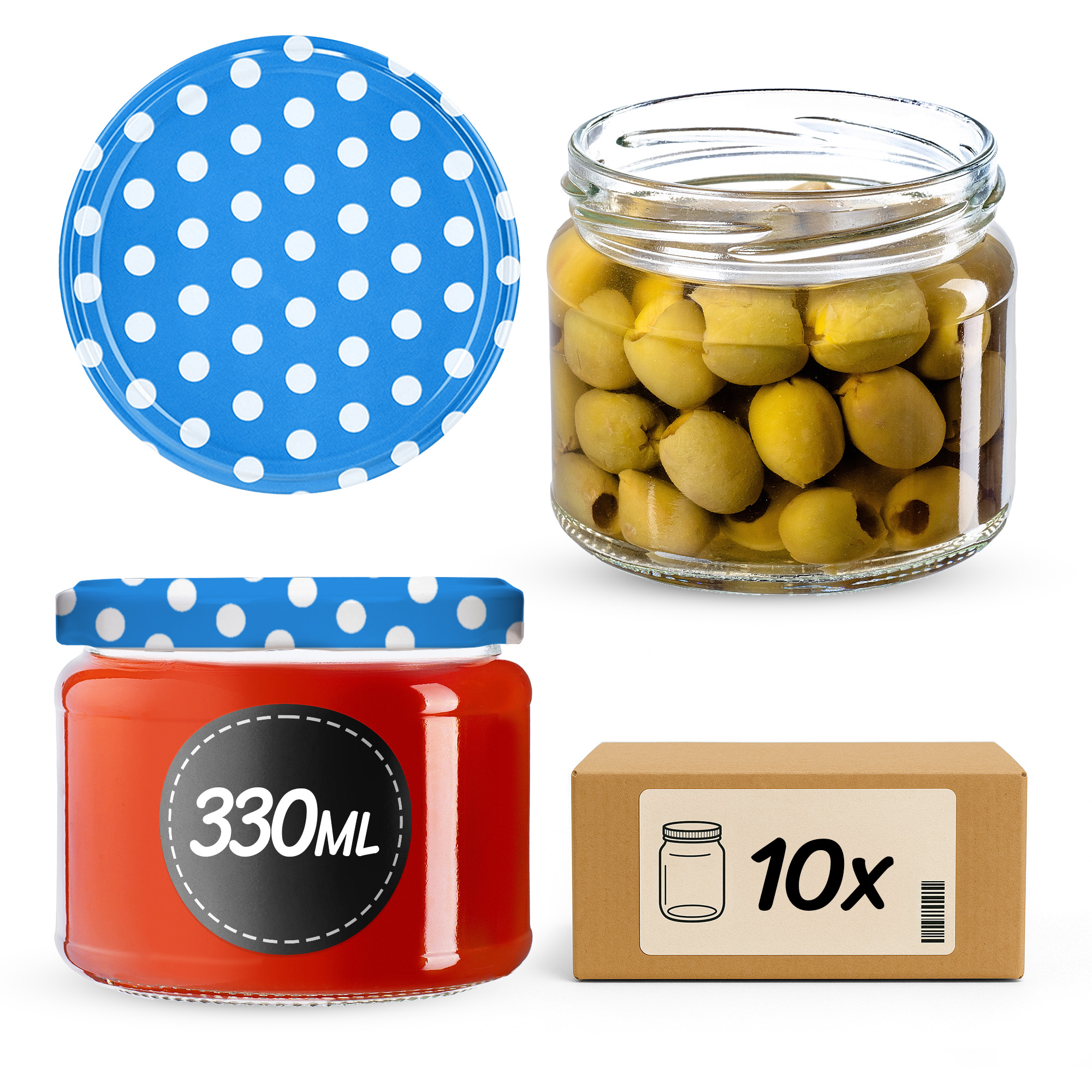 Słoiki na przetwory Sonka 330ml fi82mm 10szt + wieczko Groszek niebieski