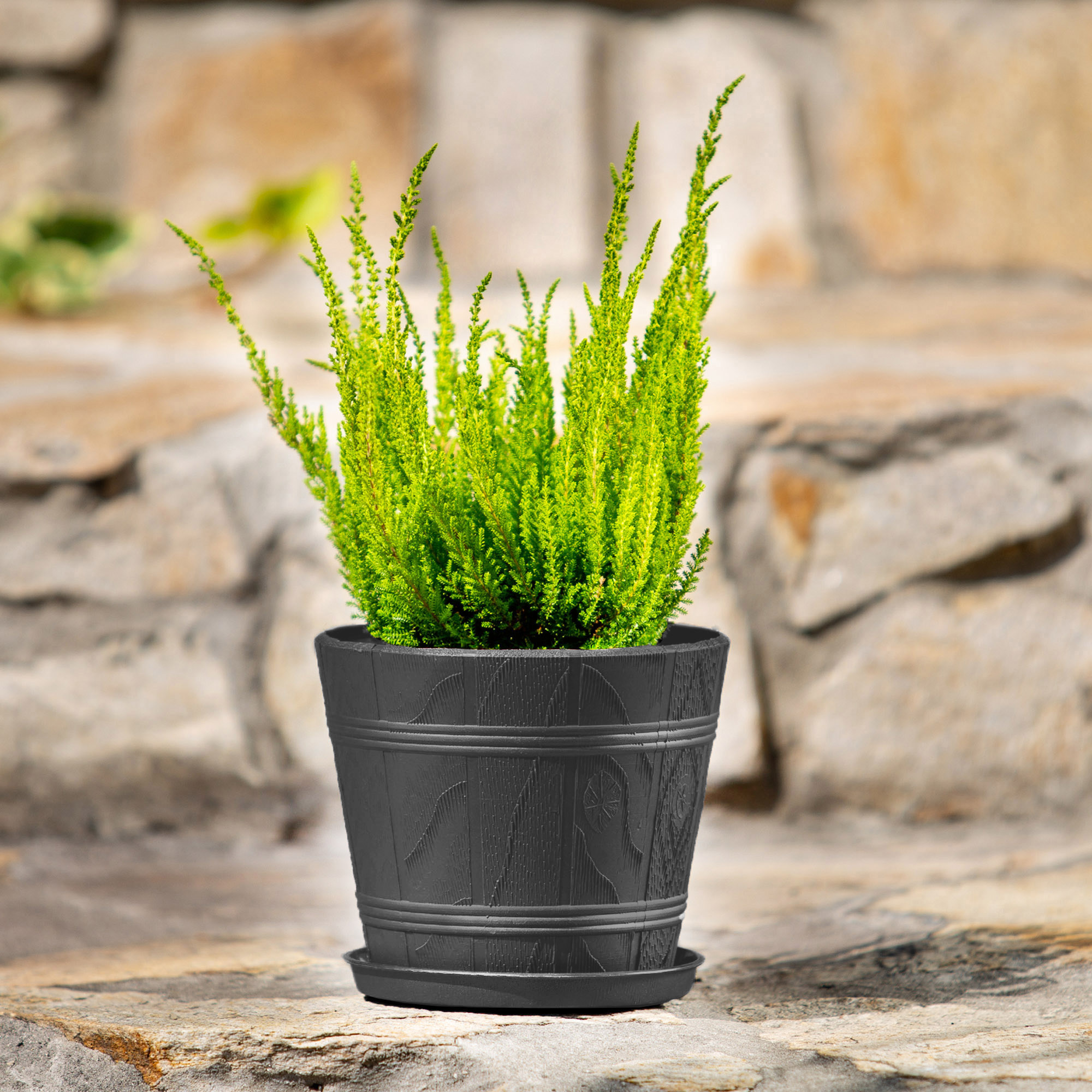 Doniczka drewnopodobna z podstawką Pula 34 cm, grafitowa