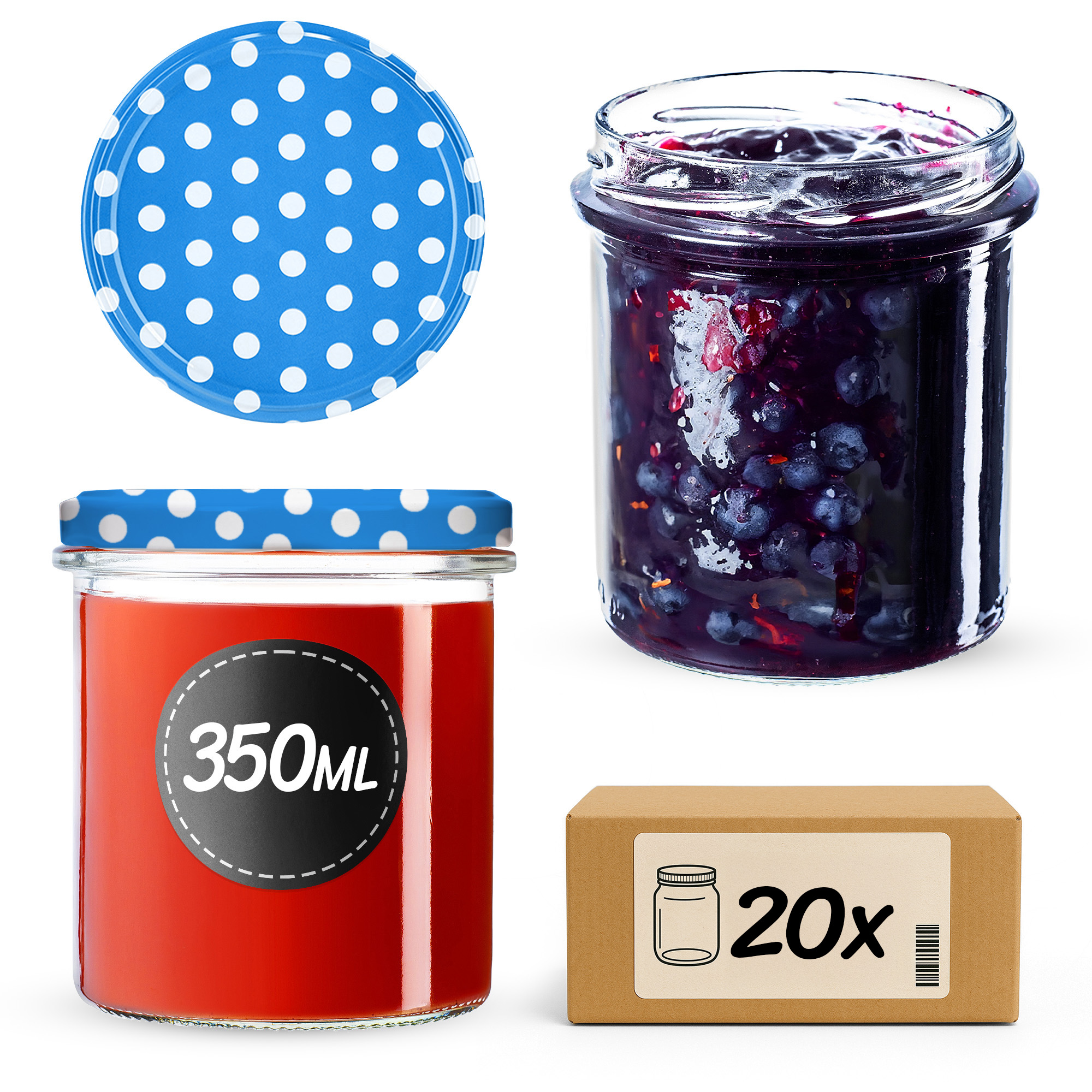 Słoiki na przetwory Avila 350ml fi82mm 20szt + wieczko Groszek niebieski