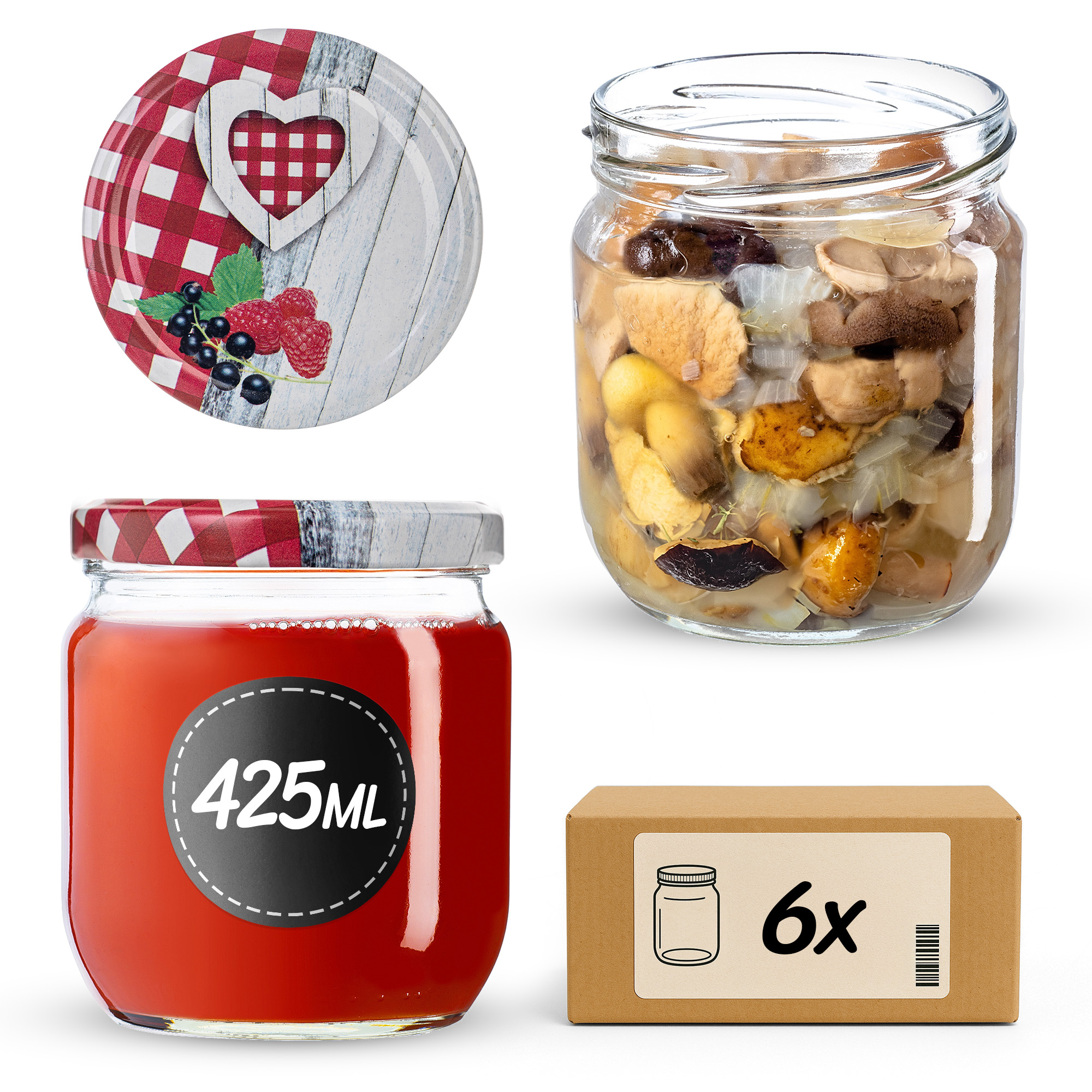 Słoiki na przetwory Salla 425ml fi82mm 6szt + wieczko Krata z serduszkiem