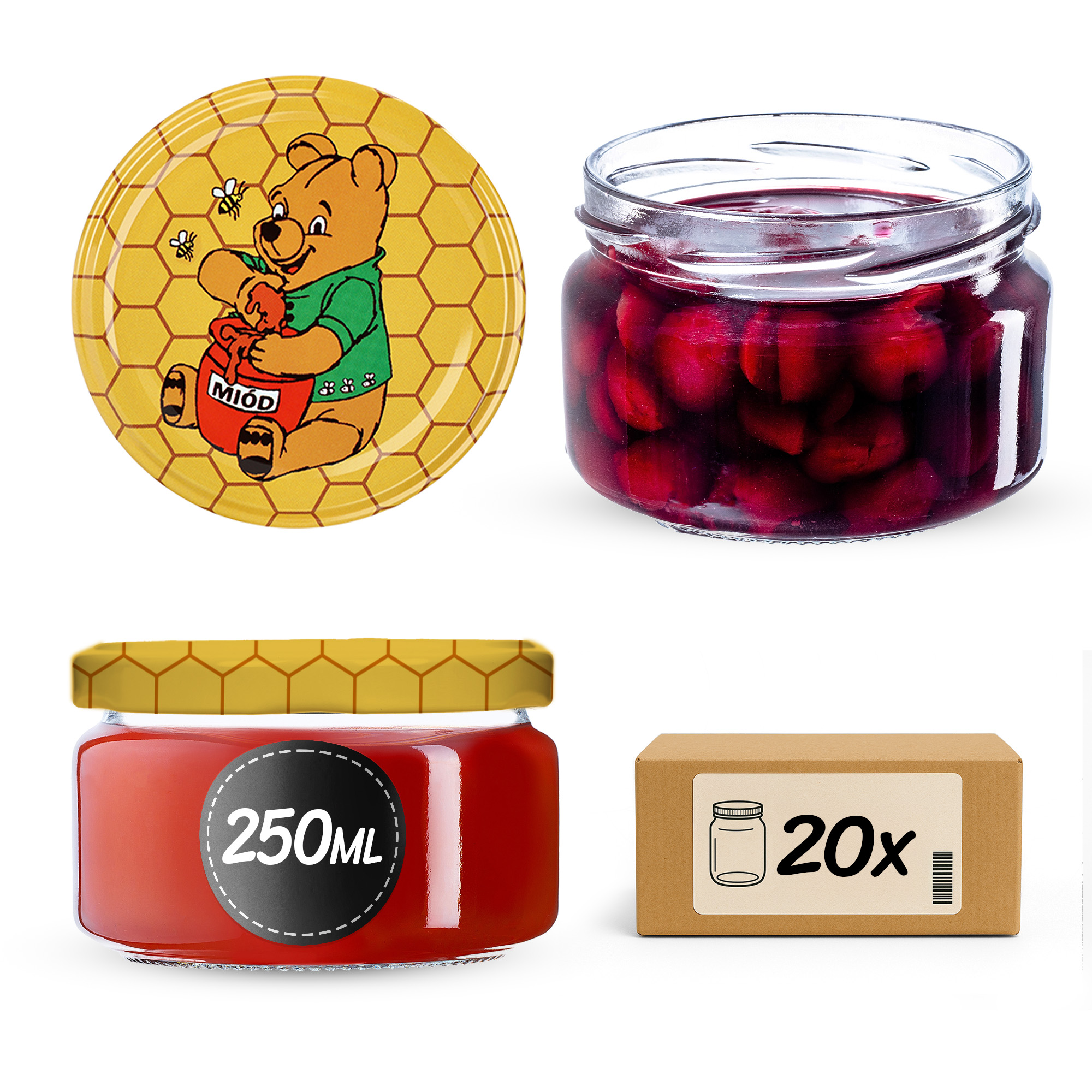 Słoiki na przetwory Denia 250ml 20szt 82mm + wieczko "Miód czarny"